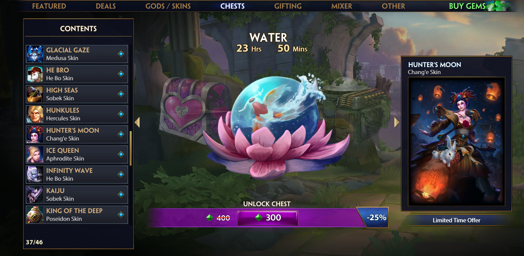 A 400 gems chest (300 because 25 off) can roll a 250 gem skin. Be