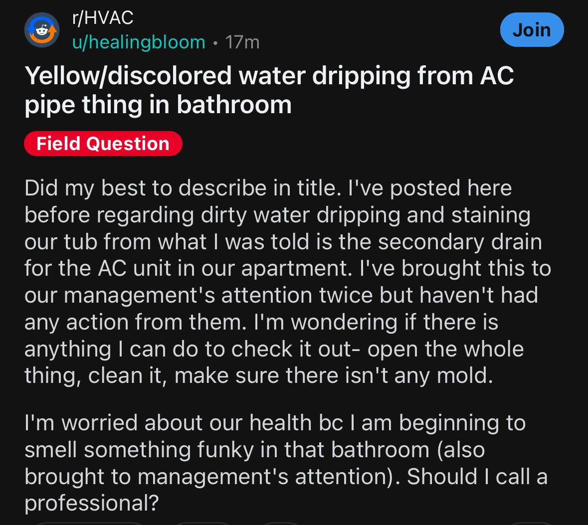 Yellow/discolored water staining tub from AC drip drain r/hvacadvice