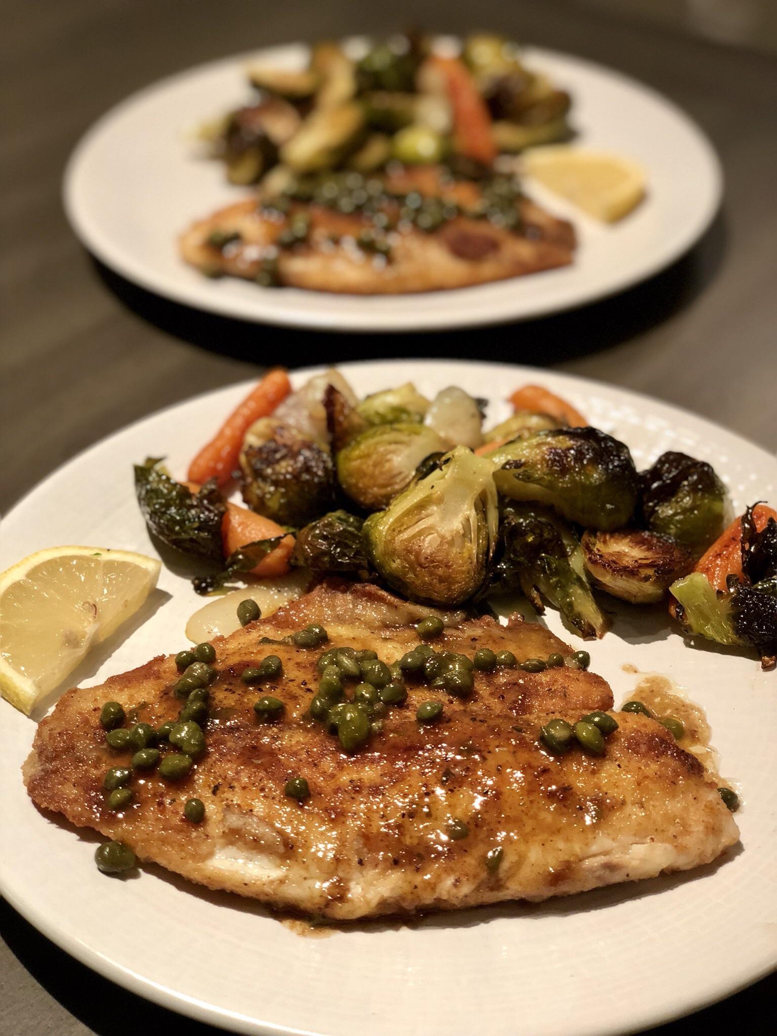 [Homemade] Tilapia with lemon butter caper sauce and roasted Brussels