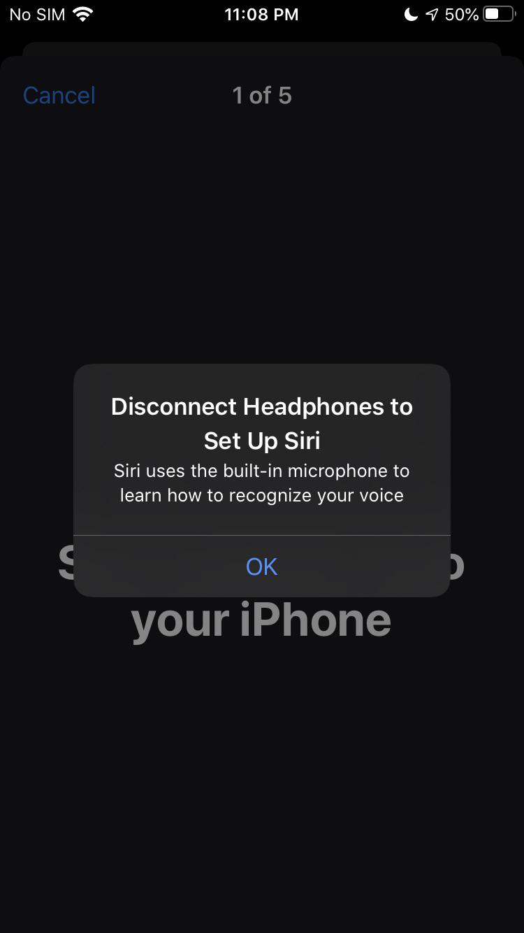Message saying headphones are plugged in shows up when setting up Siri but the headphones aren’t