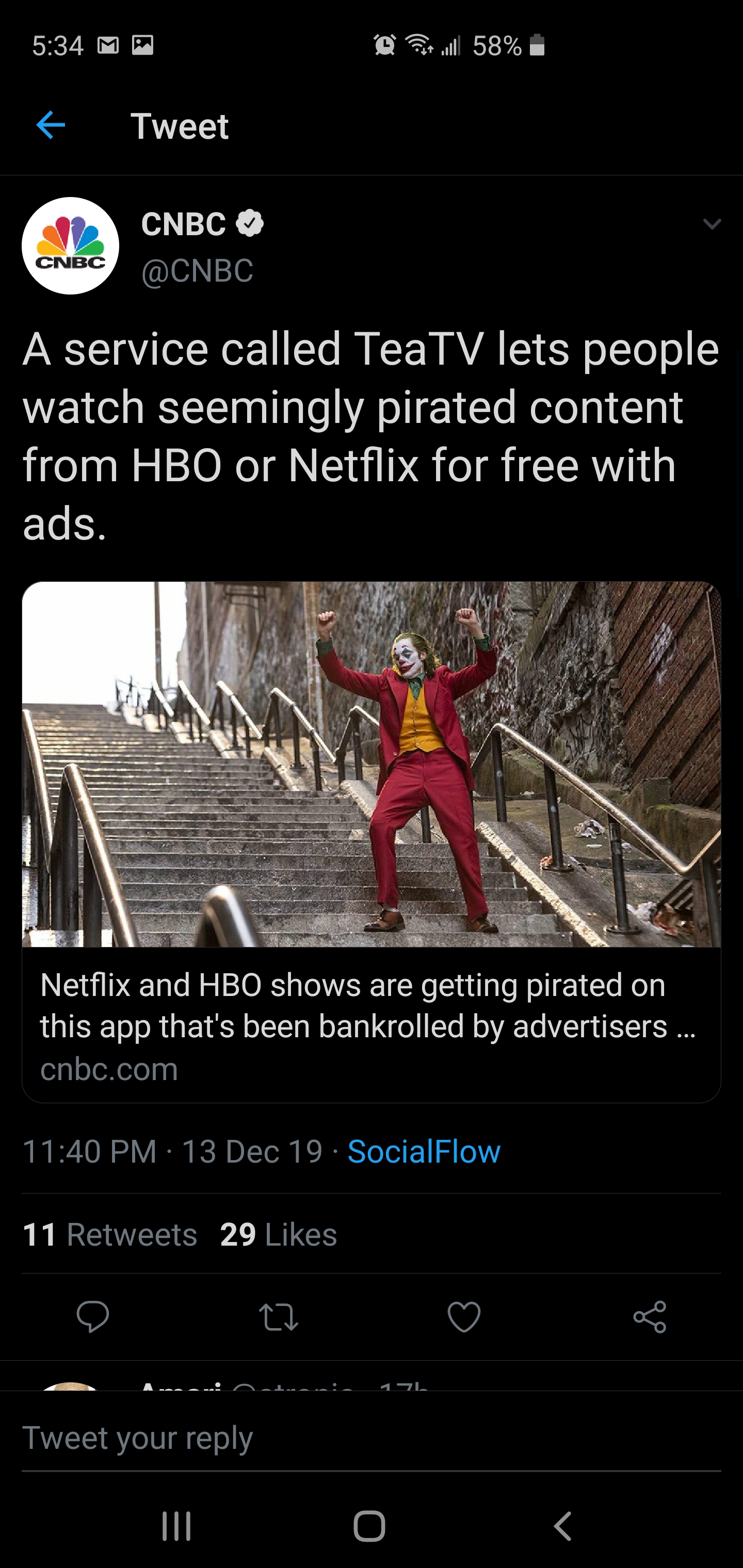 I'm wondering if TeaTV's down because of this... CNBC posted this 17 hours ago, my teatv stopped