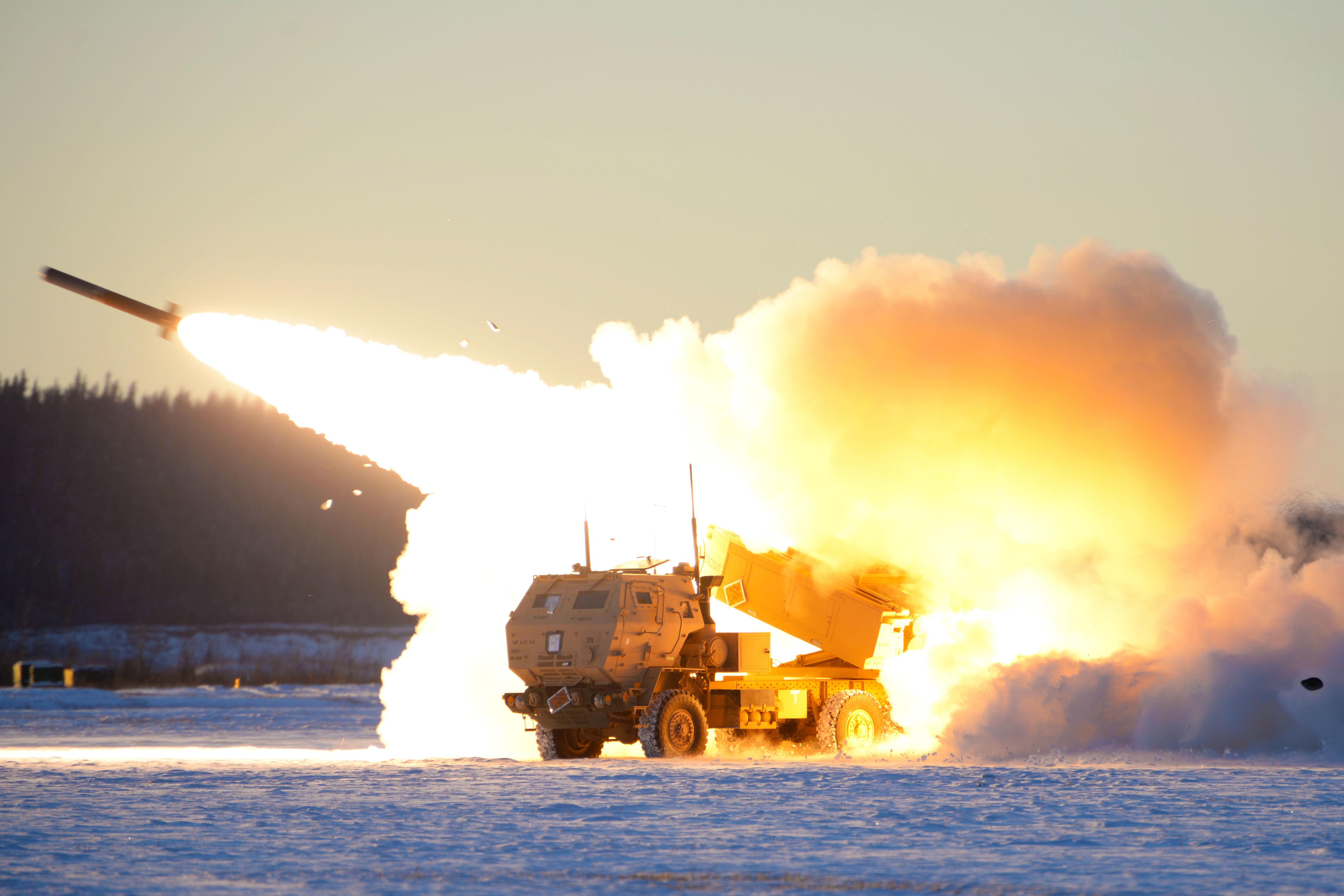An Army M142 High Mobility Artillery Rocket System launches ordnance during Exercise Red Flag