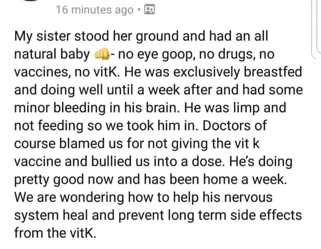 Vitamin K is an all natural vitamin not a vaccine so why are antivaxxers against it? Checkmate