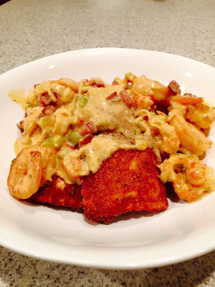 Toaster Ravioli topped with shrimp and crawfish cream sauce [Homemade