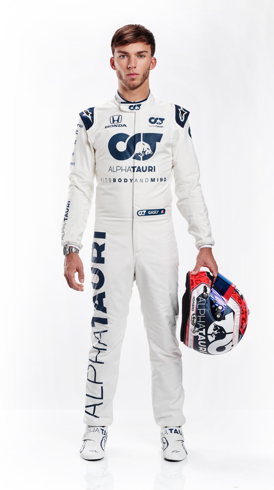 Pierre Gasly with new Alpha Tauri Racing suit and Helmet livery r