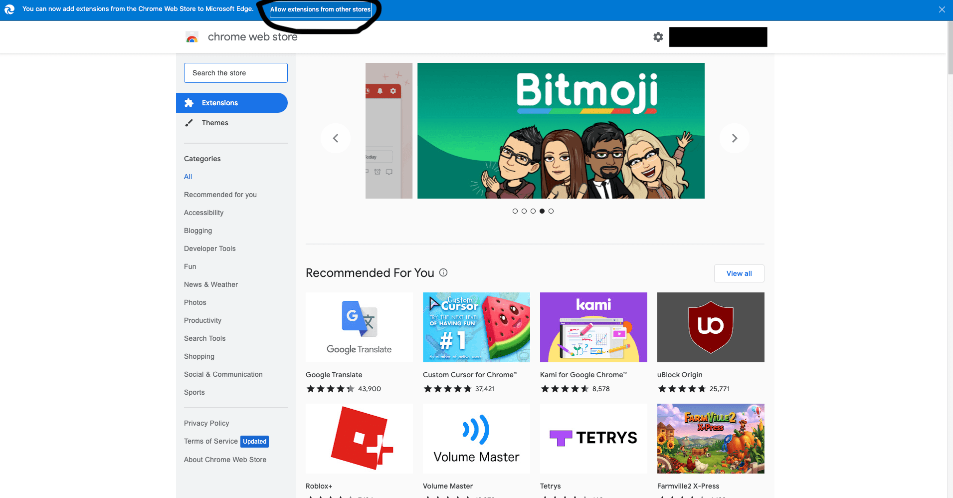 It wont let me click on "Allow extensions from other stores", cannot