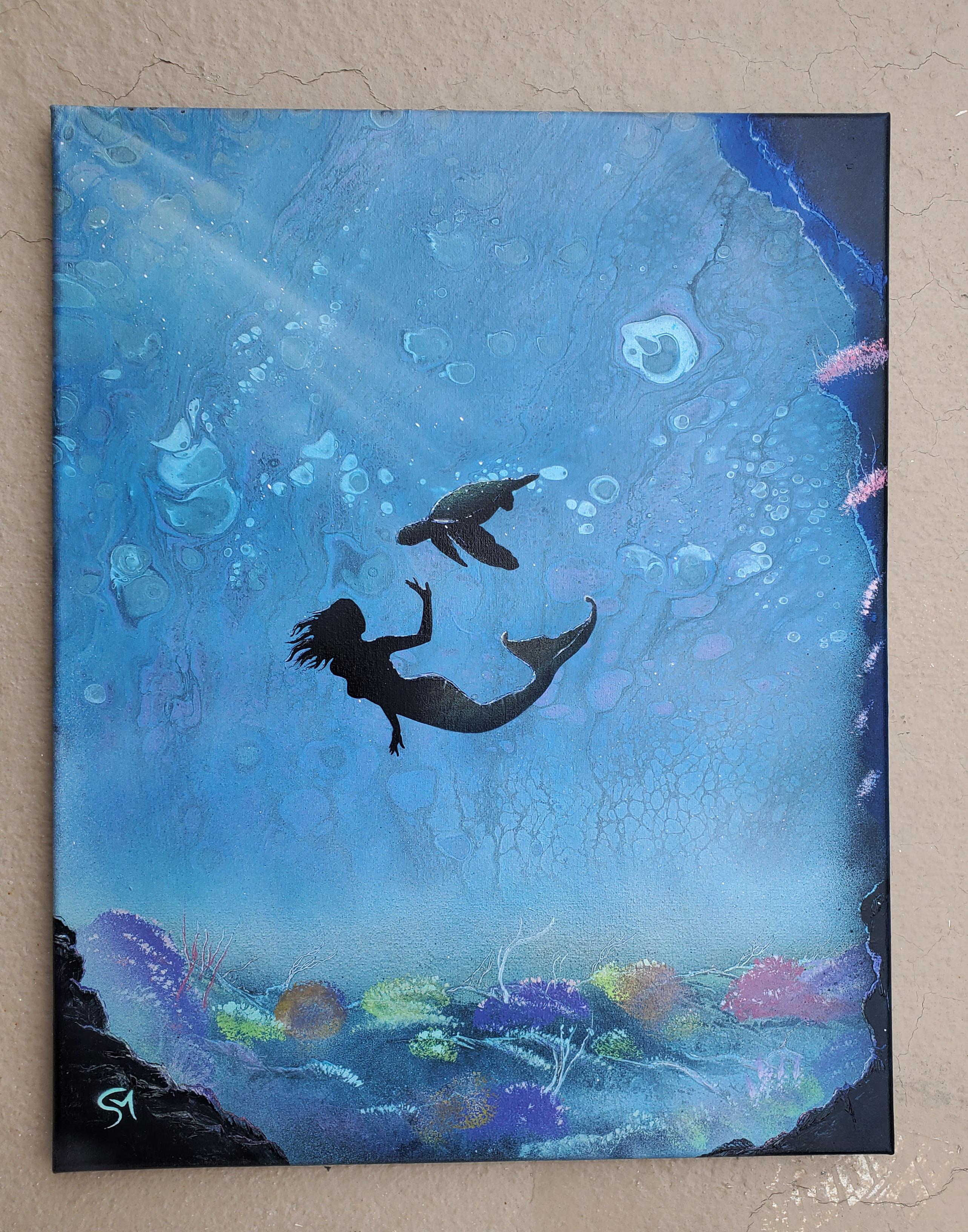 Our mermaid painting. Acrylic pour and spray paint. r/mildlyinteresting