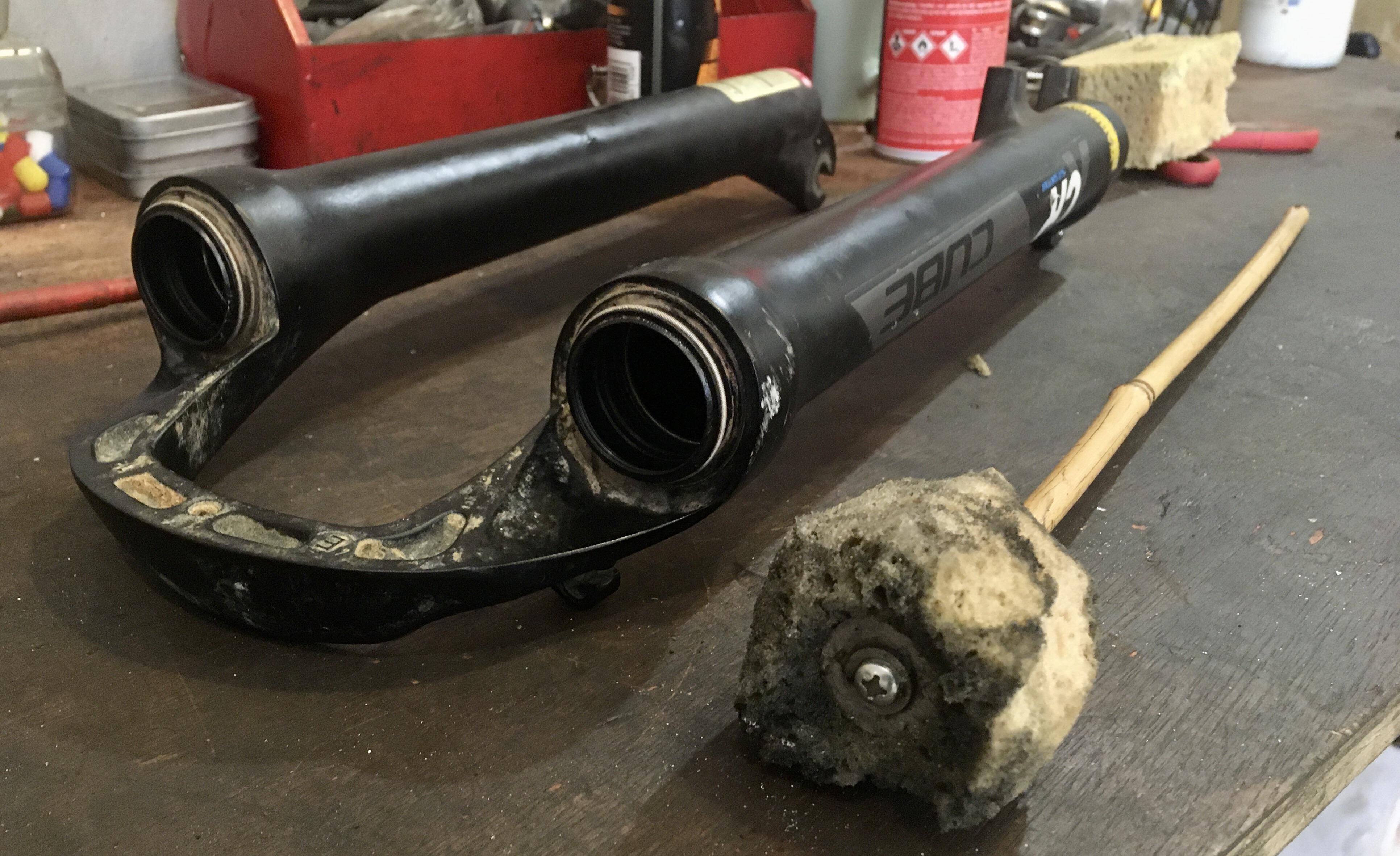 Made a quick tool to clean fork lowers out of an old sponge, bamboo a