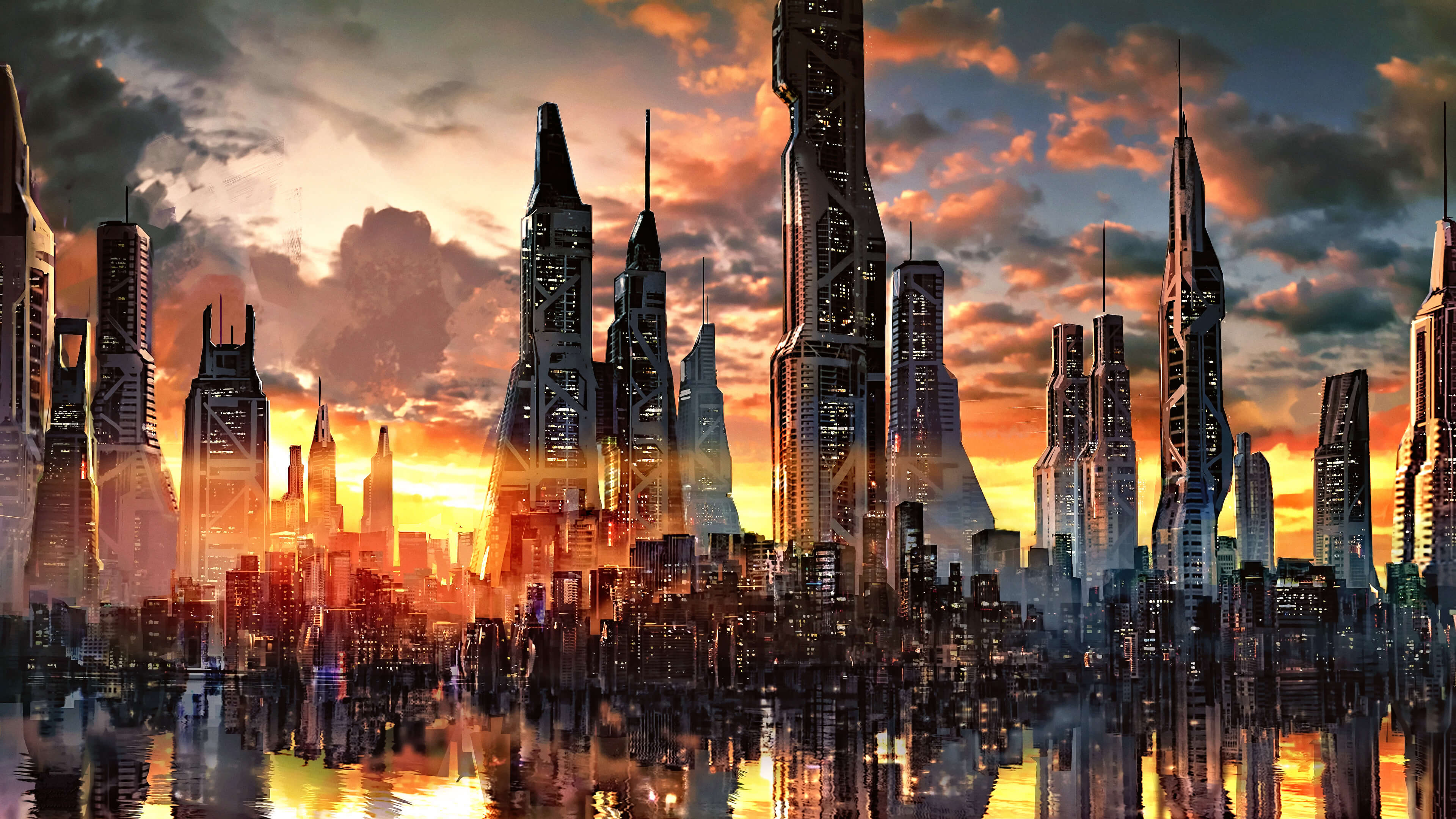 Futuristic City at dusk 4K r/wallpapers