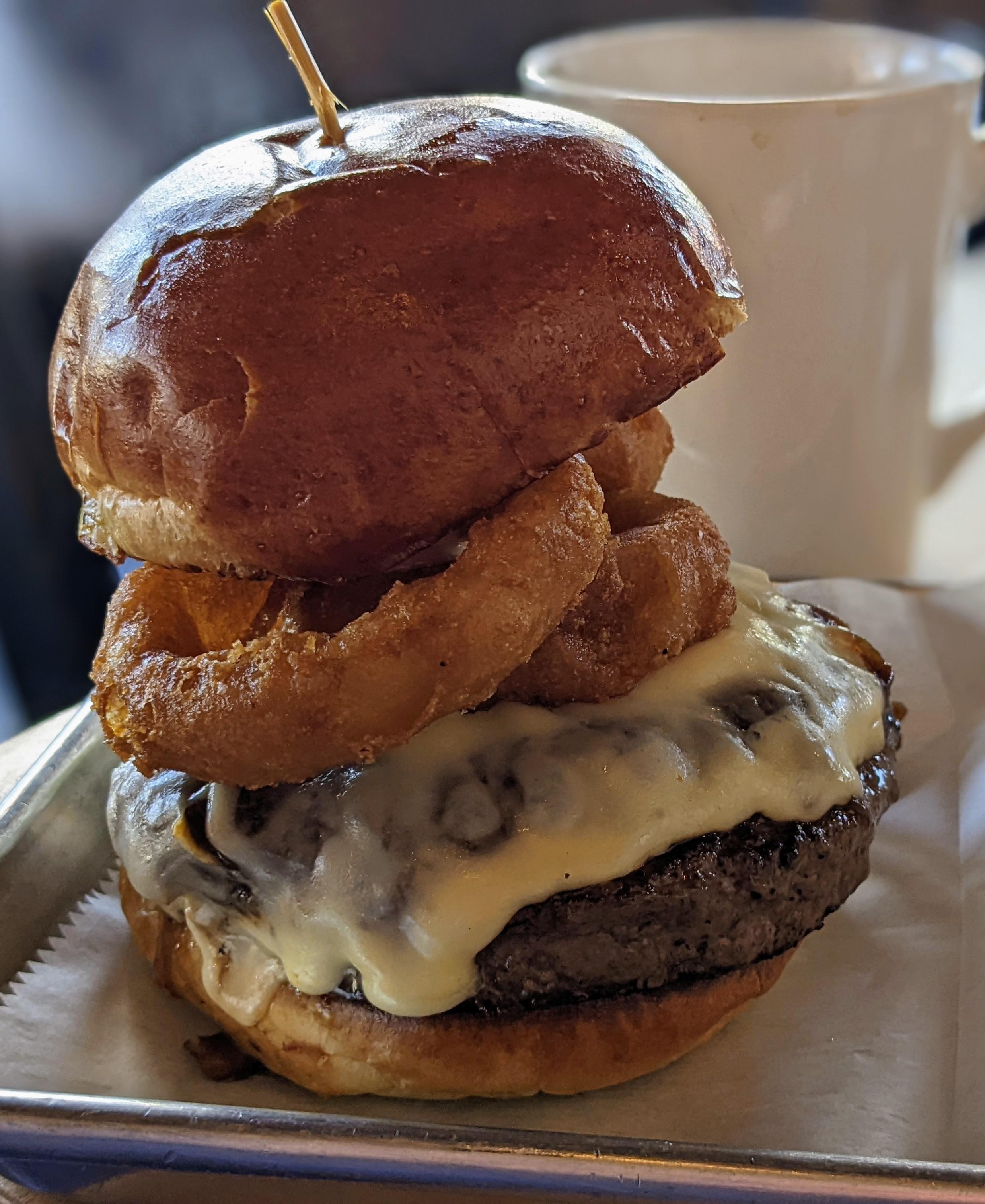 French Onion Burger from Dutches Bier cafe Fishkill NY with CARAMELIZED