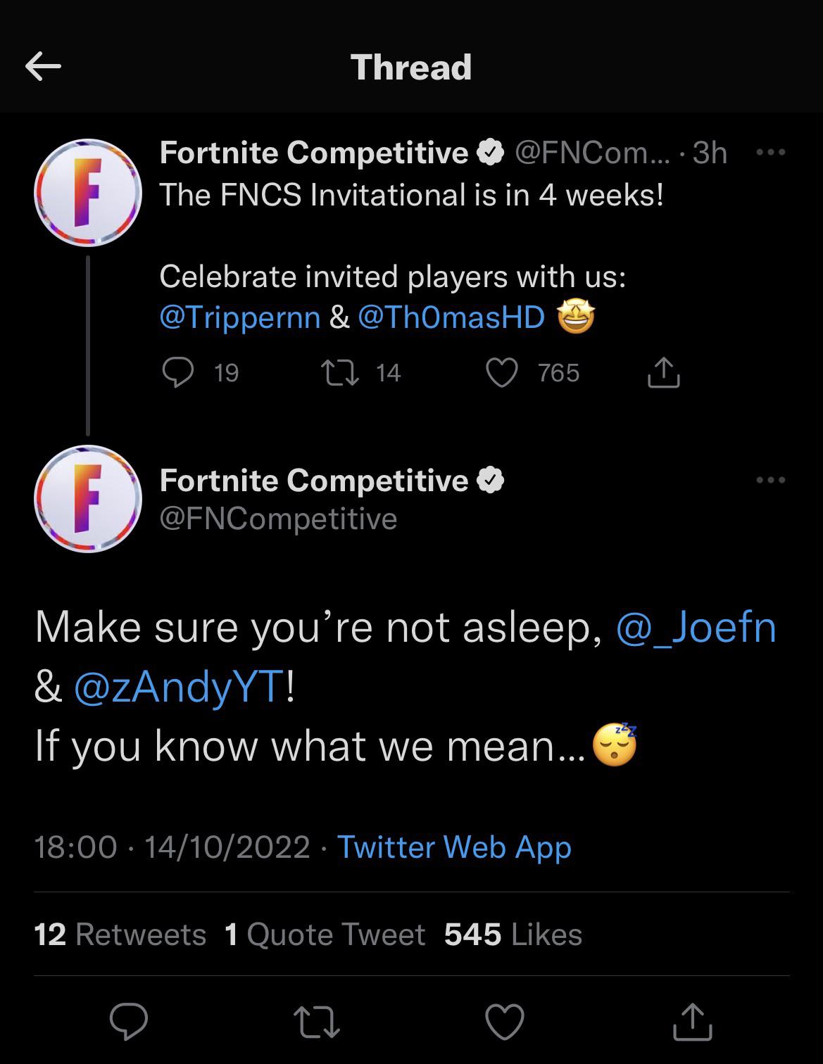 Unprovoked but funny tweet from the Fortnite Competitive Twitter