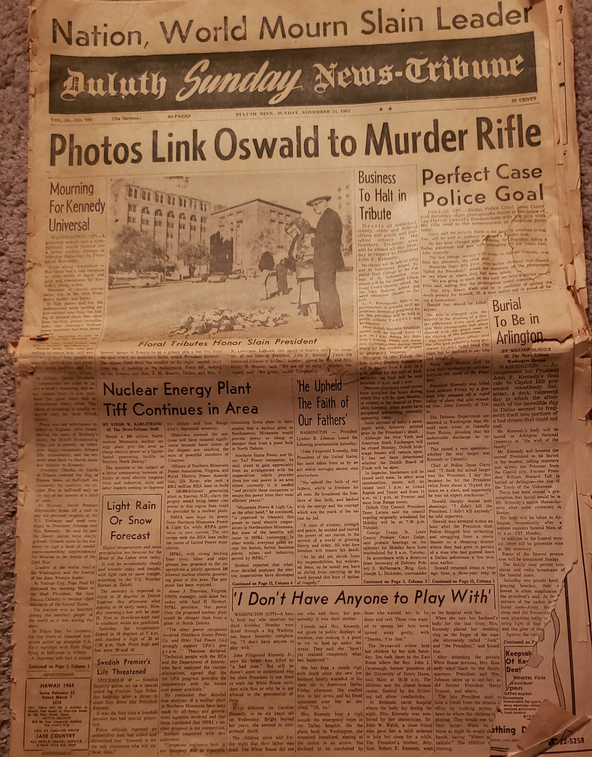 57 years ago...front page of the Duluth, MN newspaper dated November 24