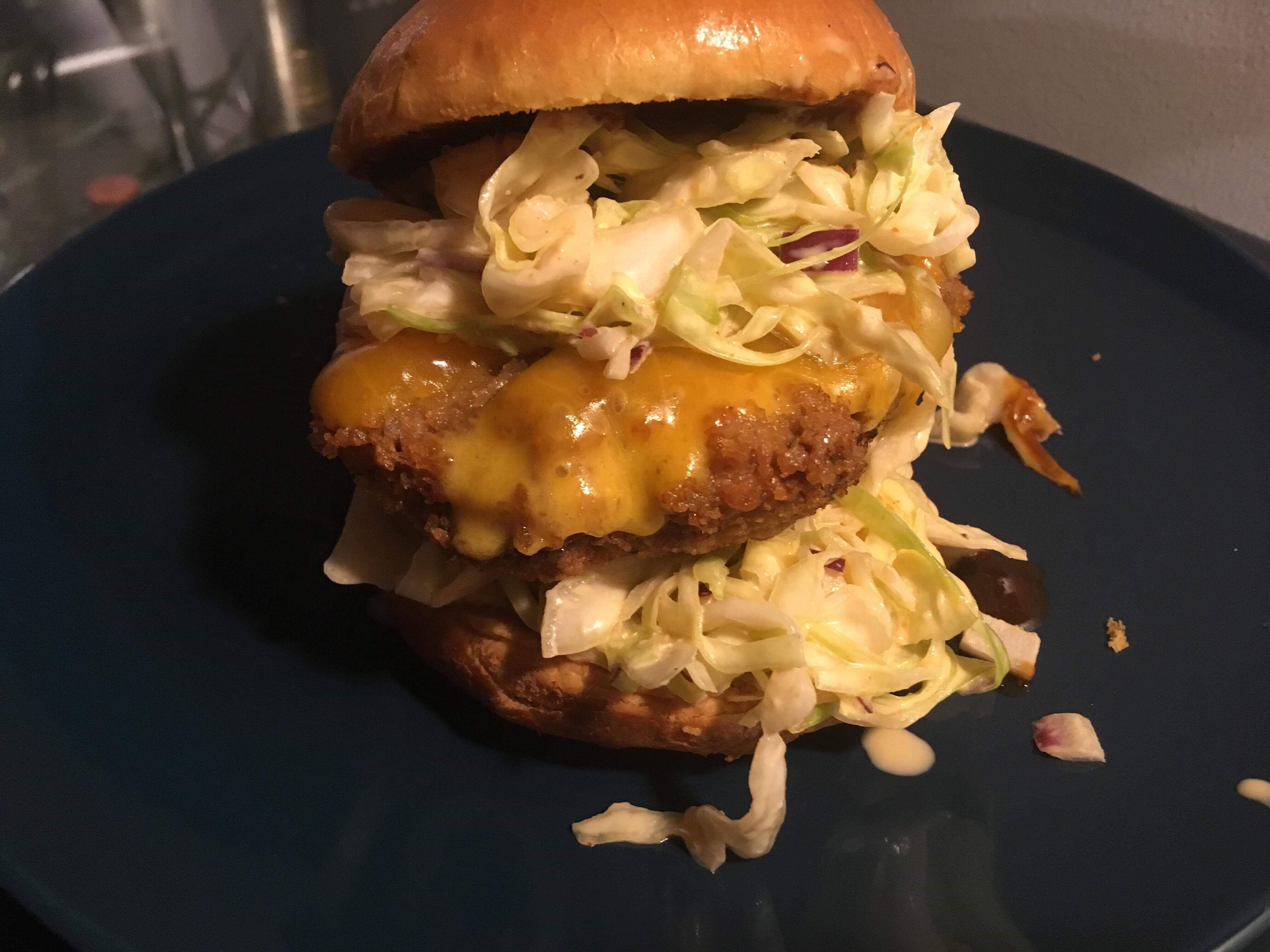 [Homemade] Beef katsu burger with misocoleslaw and bulldog sauce r/food