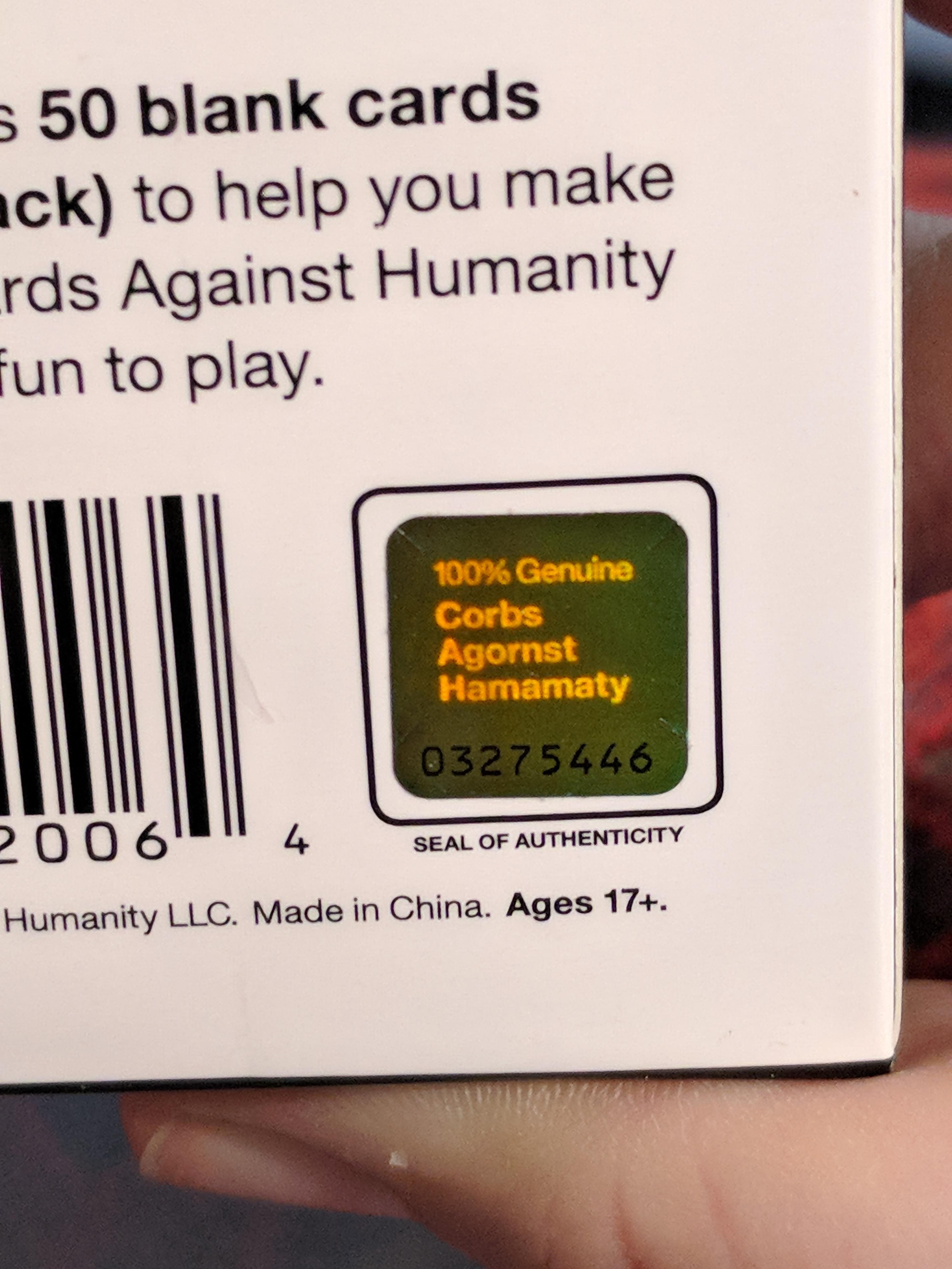 The sticker of authenticity on this Cards Against Humanity expansion