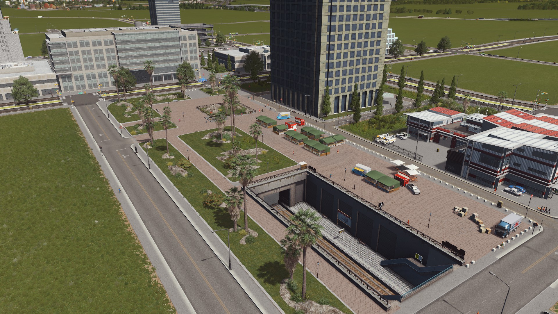 City Plaza with transport hub (Train and Subway) r/CitiesSkylines