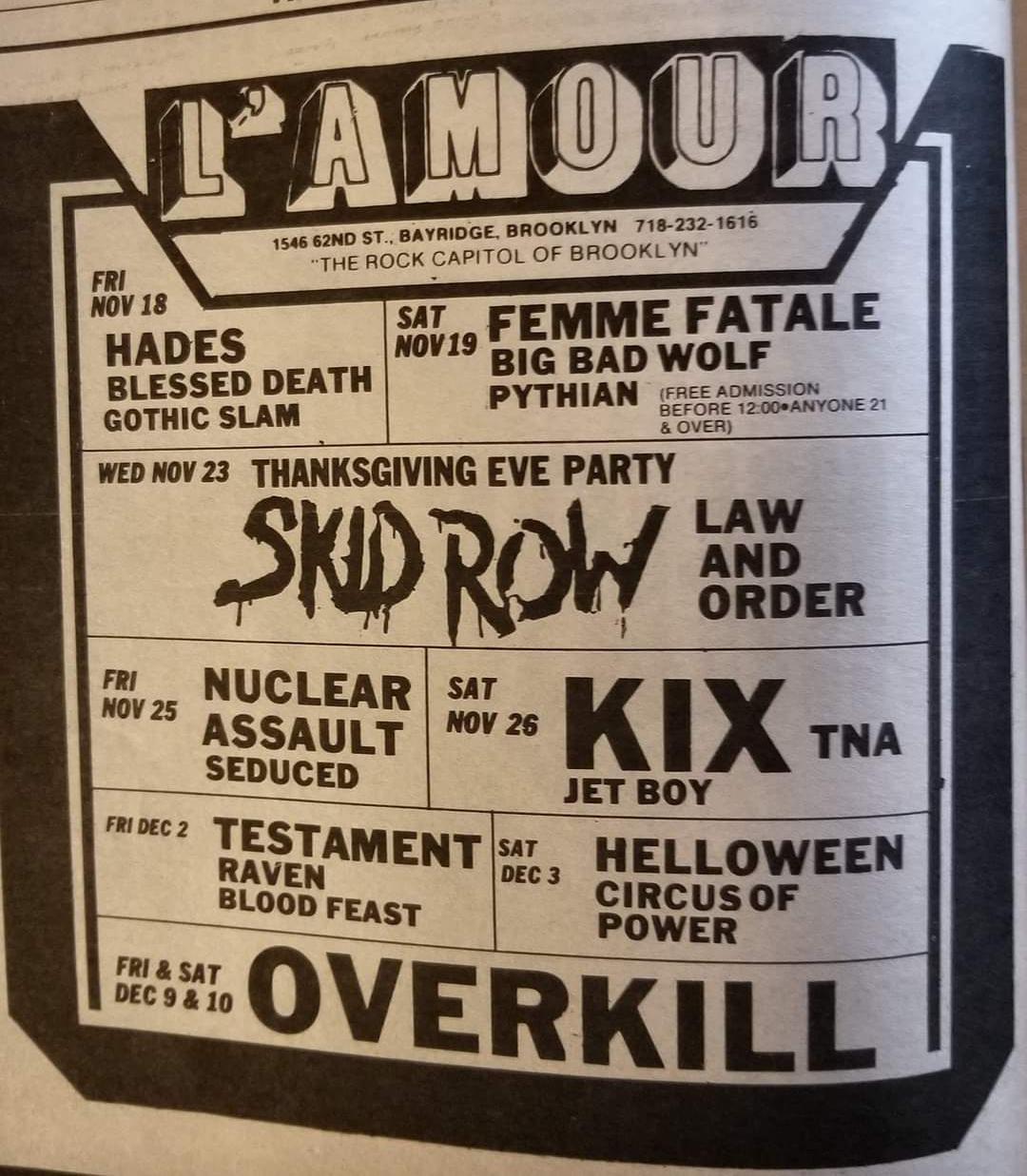 Concert lineup at the famed L'amour rock club in Brooklyn, NY. 1988. r/Boneyard