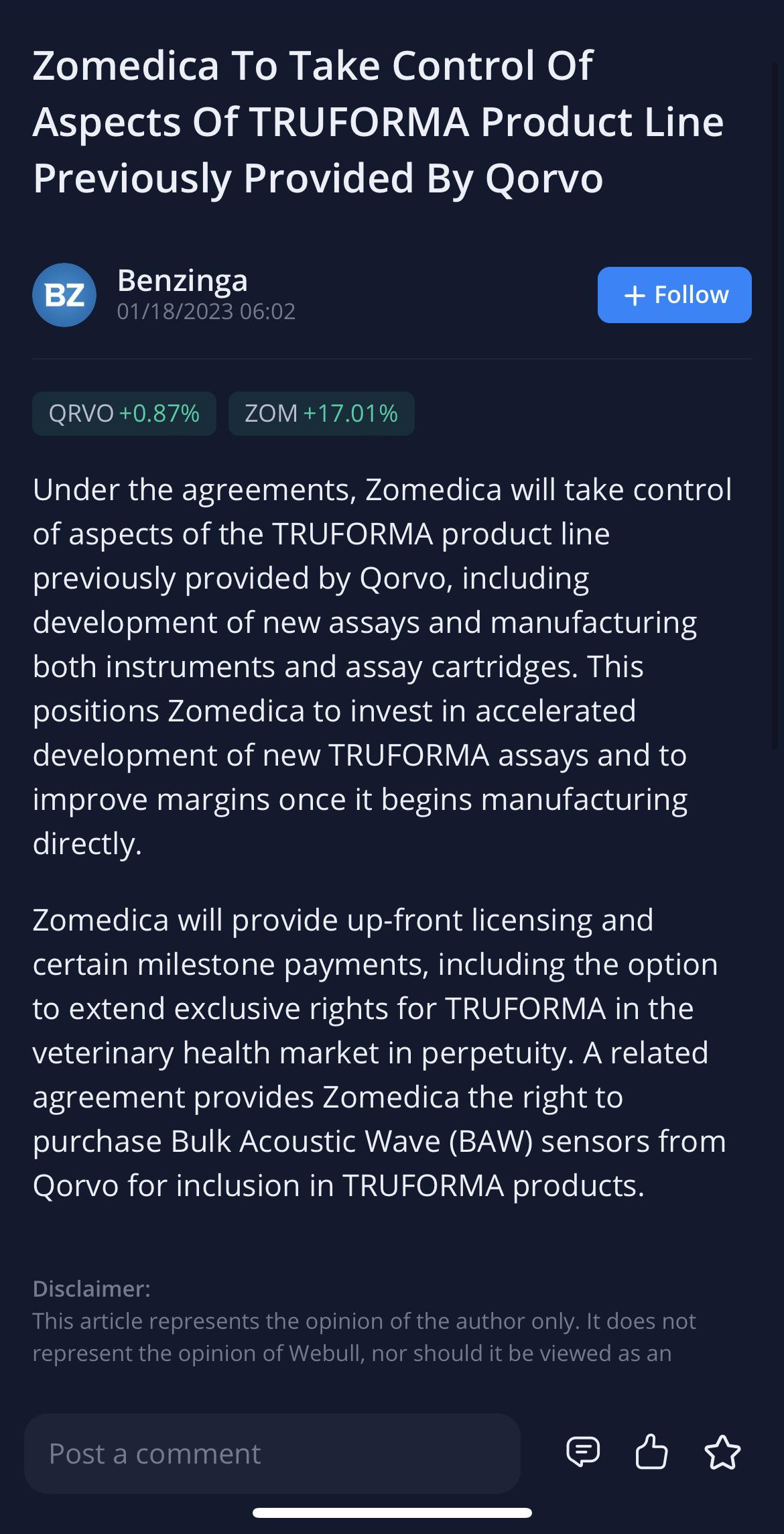 Zomedica To Take Control Of Aspects Of TRUFORMA Product Line Previously
