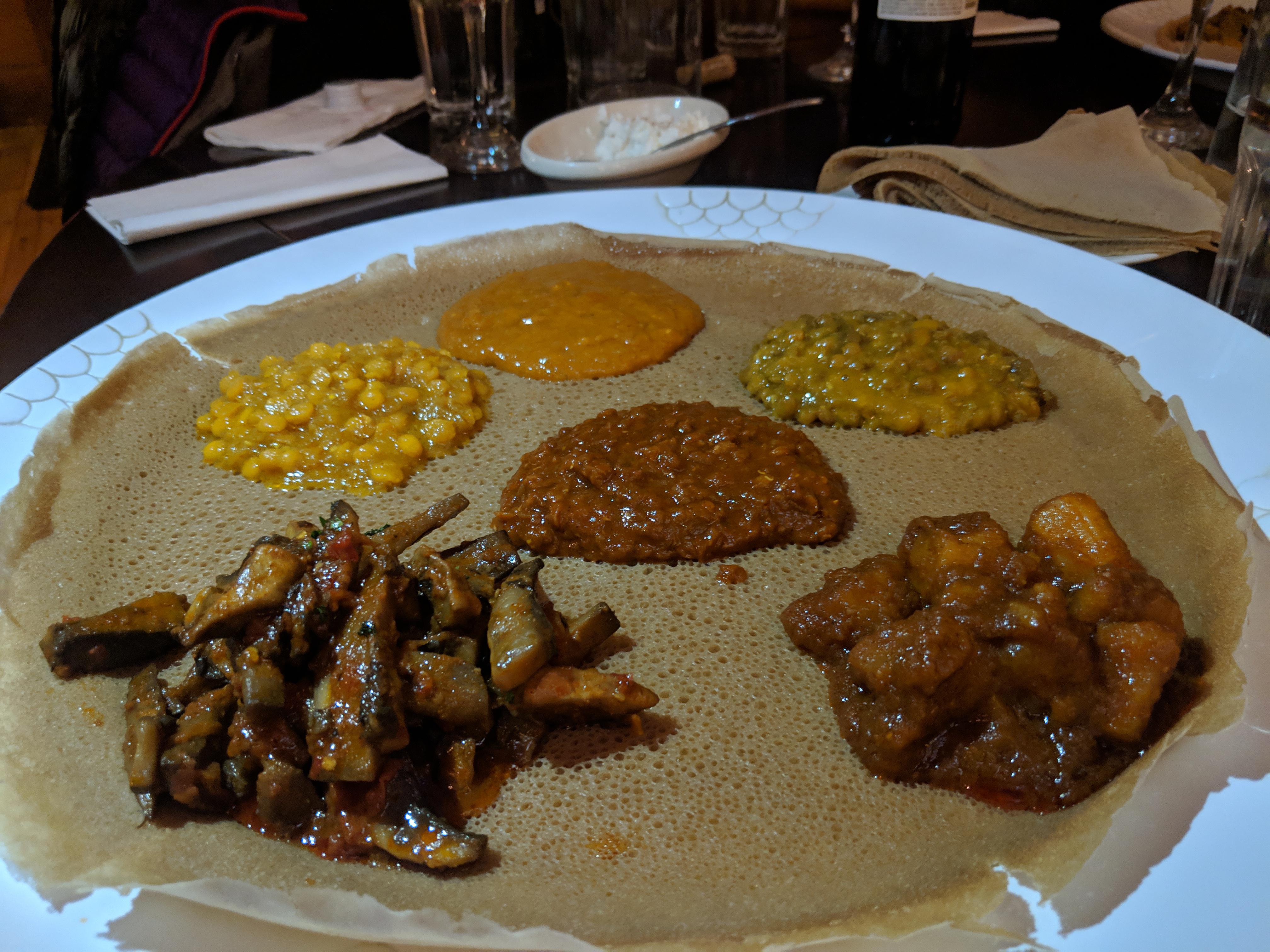 Mouthwatering vegetarian sampler at Mesob Ethiopian restaurant in NJ r/vegetarian
