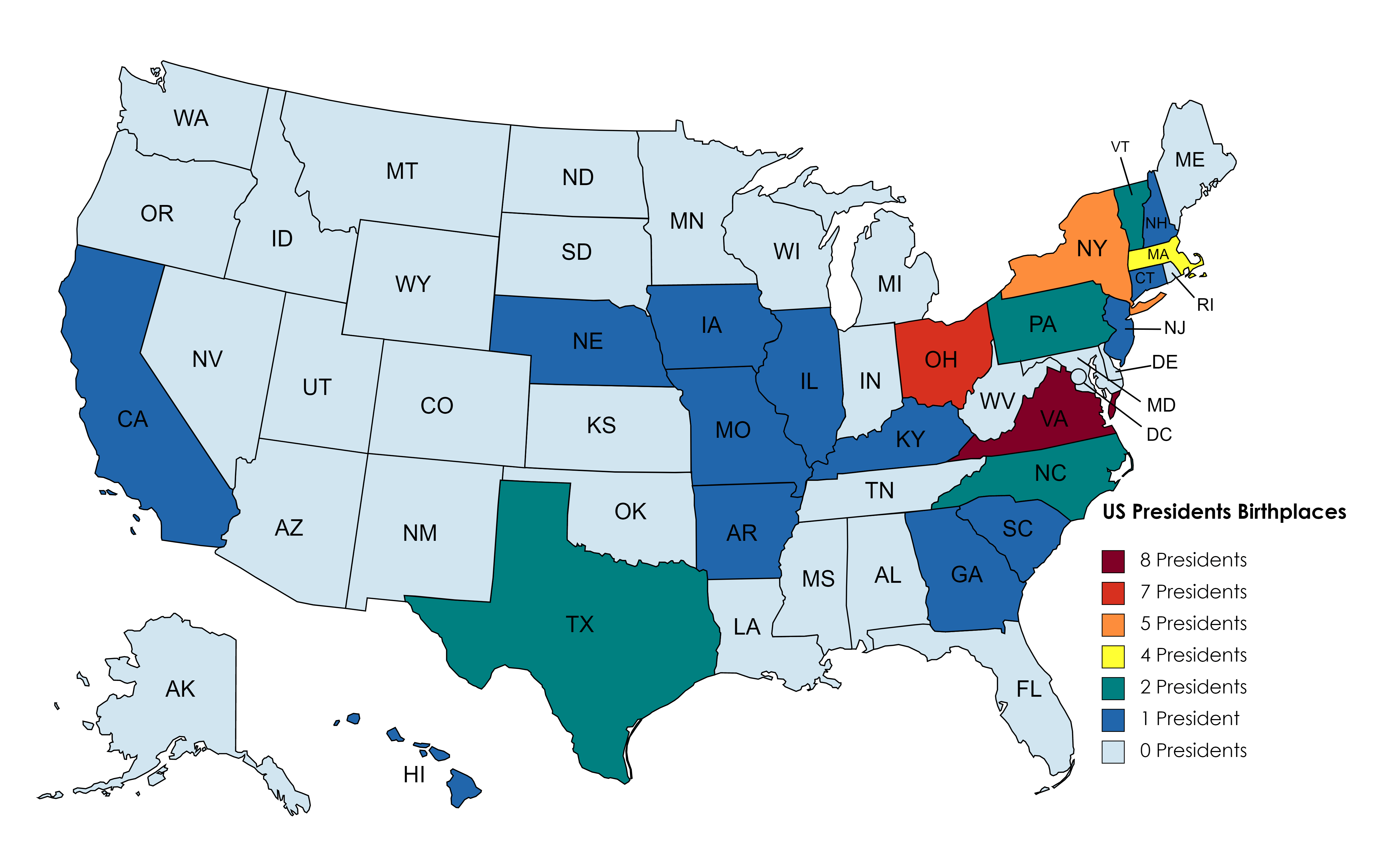 Made a map of US President Birthplaces r/MapPorn