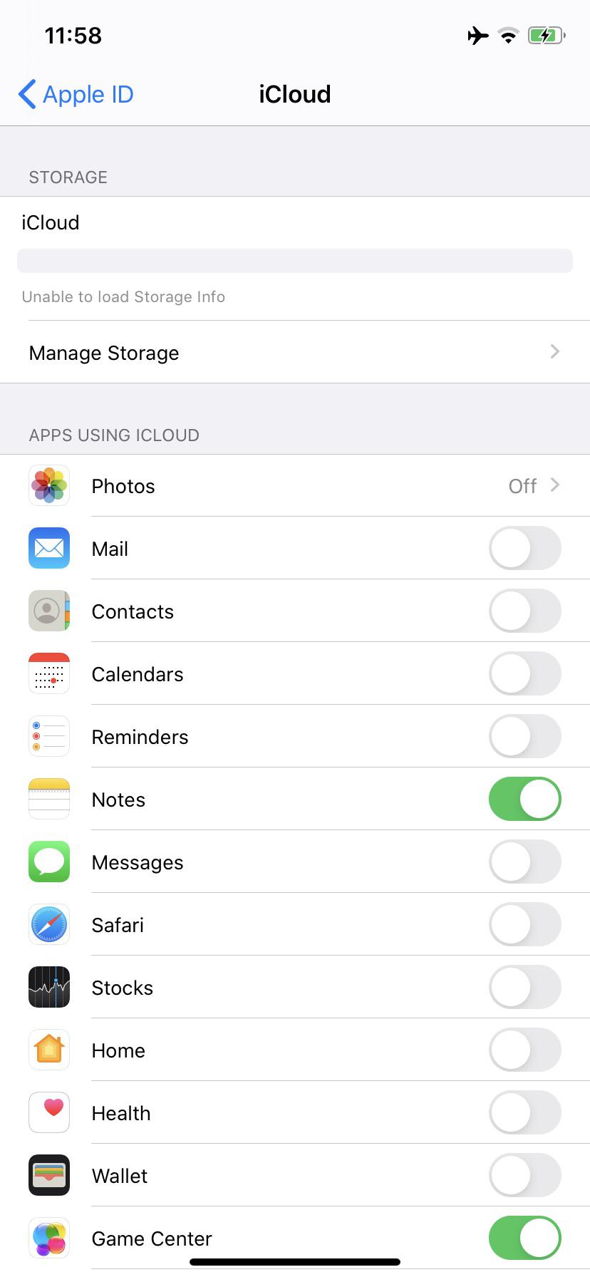 FMI OFF OPEN MENU on unable to load icloud storage setupapp