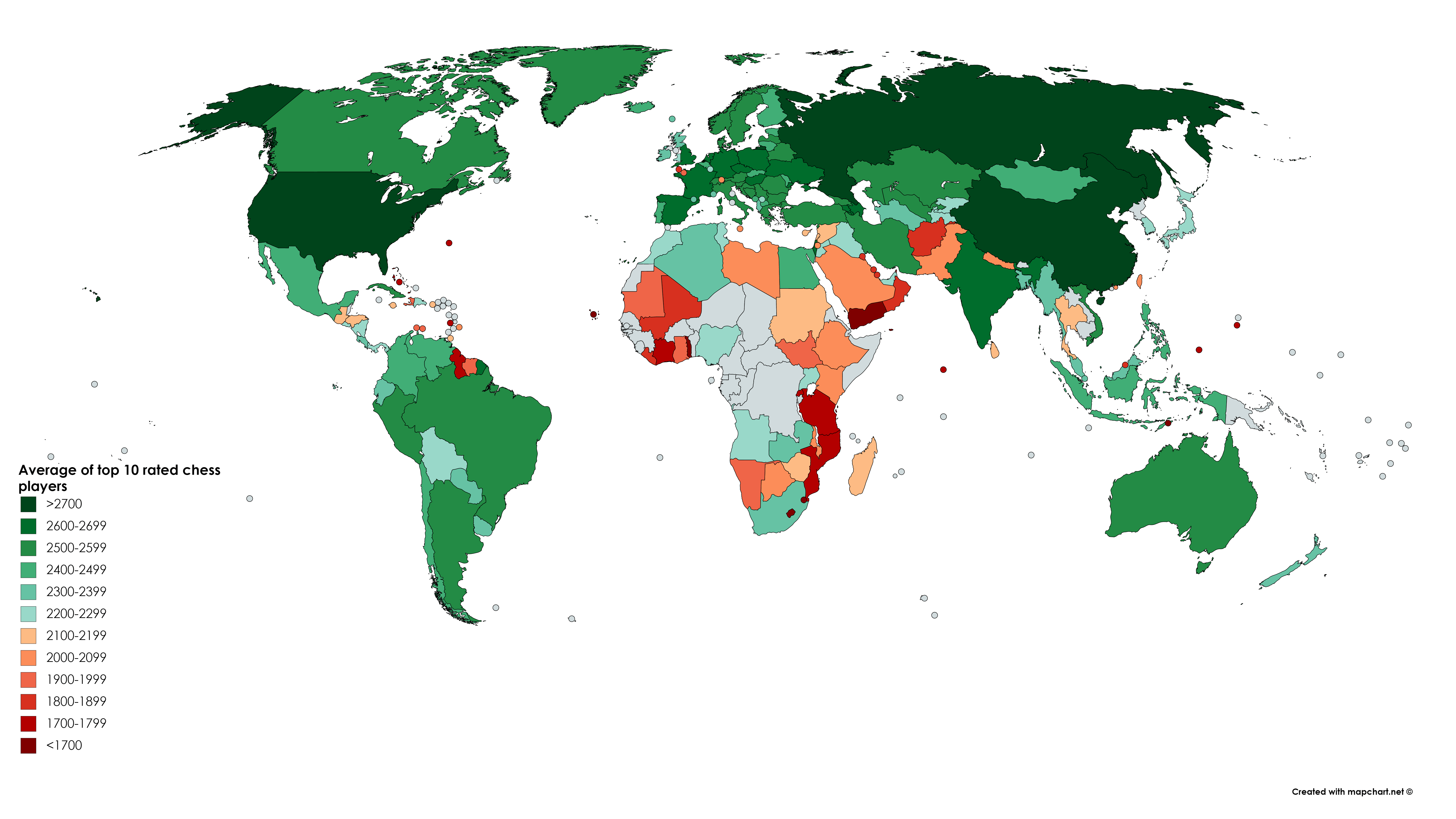 Average rating of the top 10 chess players per country (OC). r/MapPorn