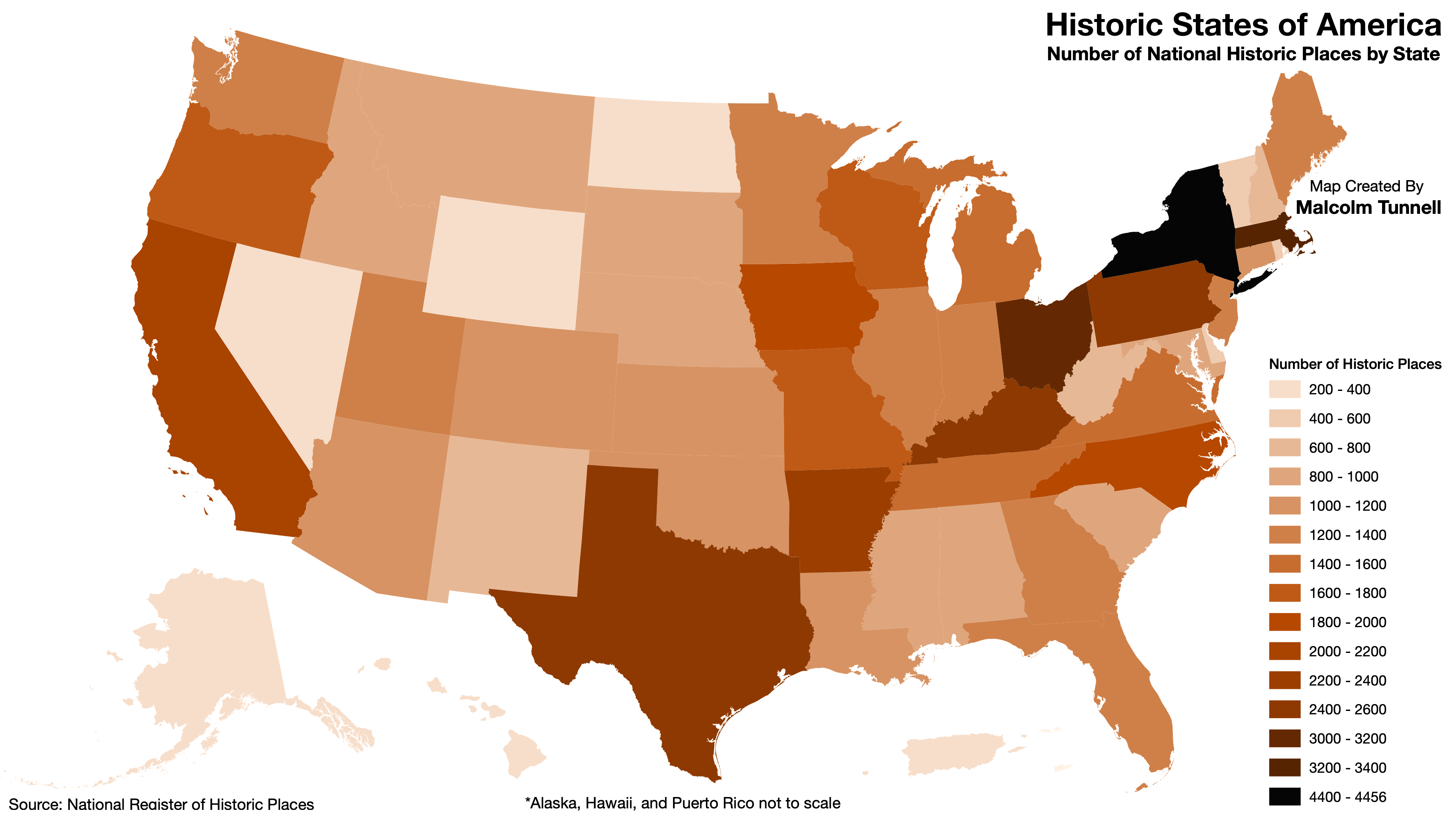 [OC] Historic States of America Number of National Historic Places in
