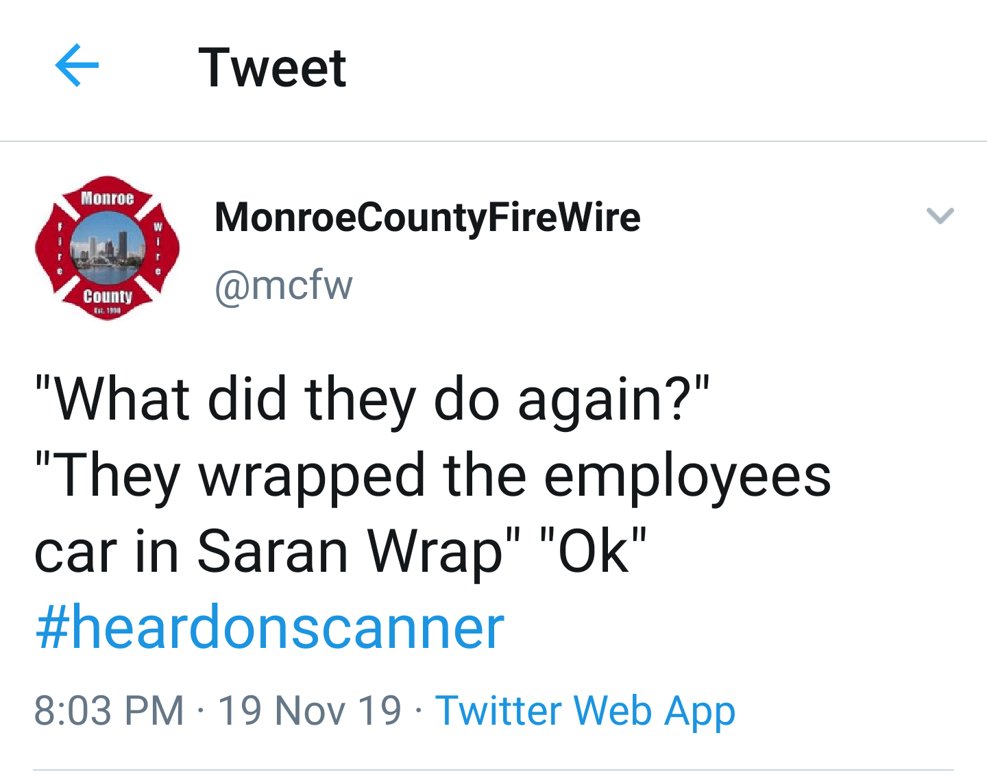 If you don't already follow the Monroe County Fire Wire Twitter account