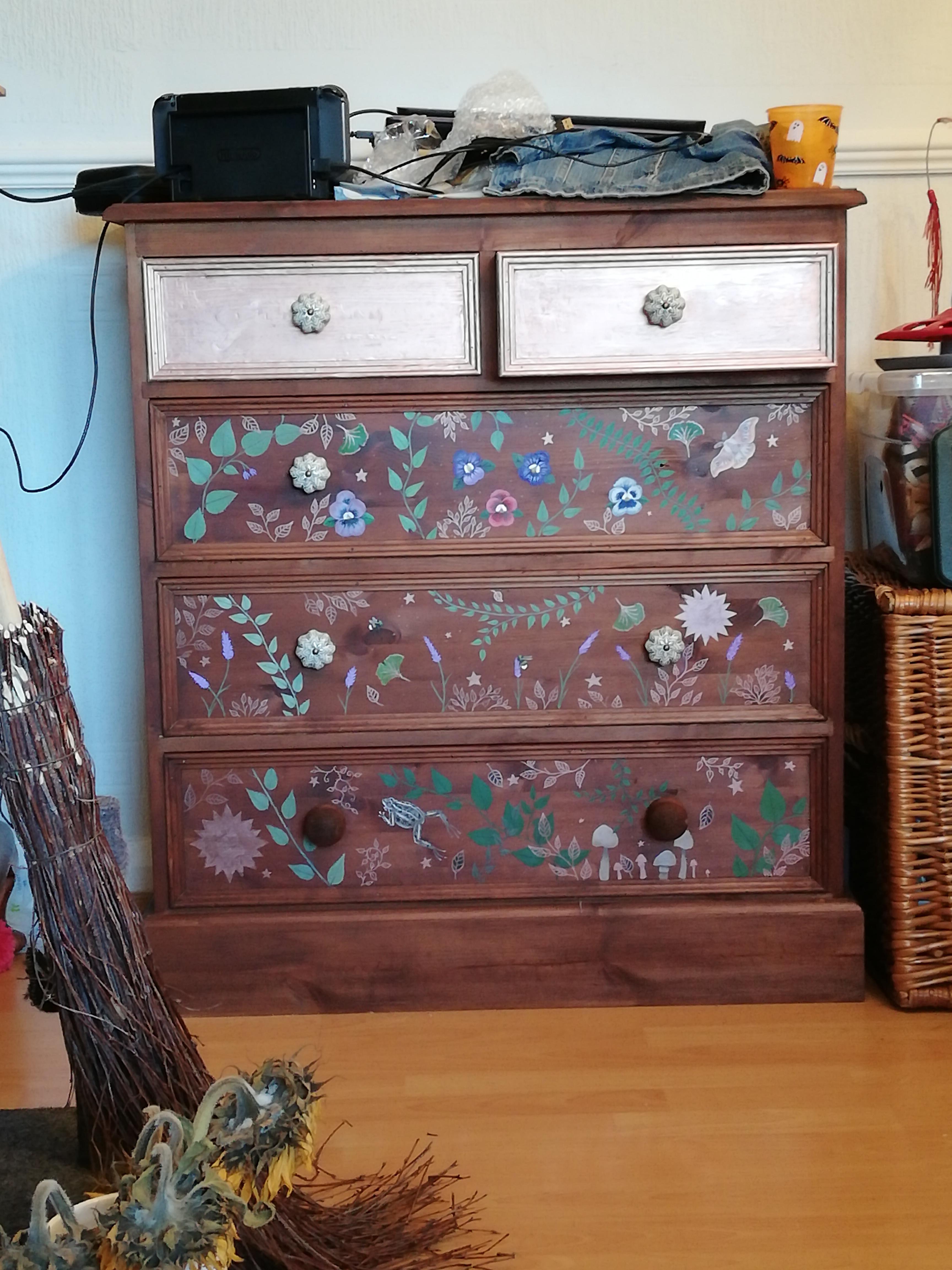 Revamped an old pine chest of drawers with stain, acrylic paint and metallic paint pens r