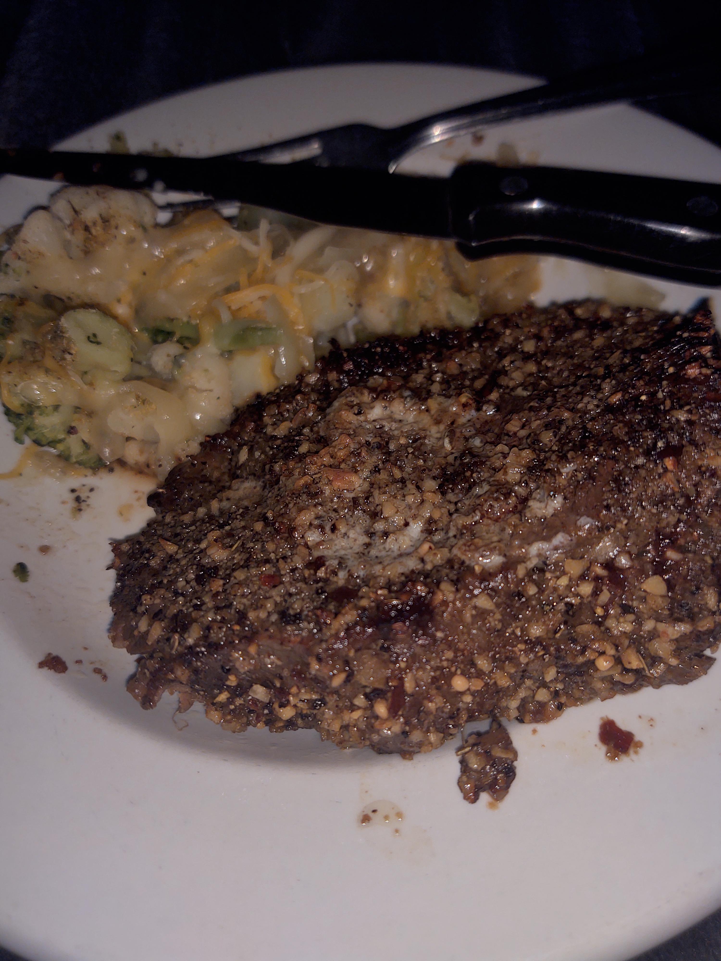 Broiled chuck eye steak with broccoli and cauliflower with cheese r