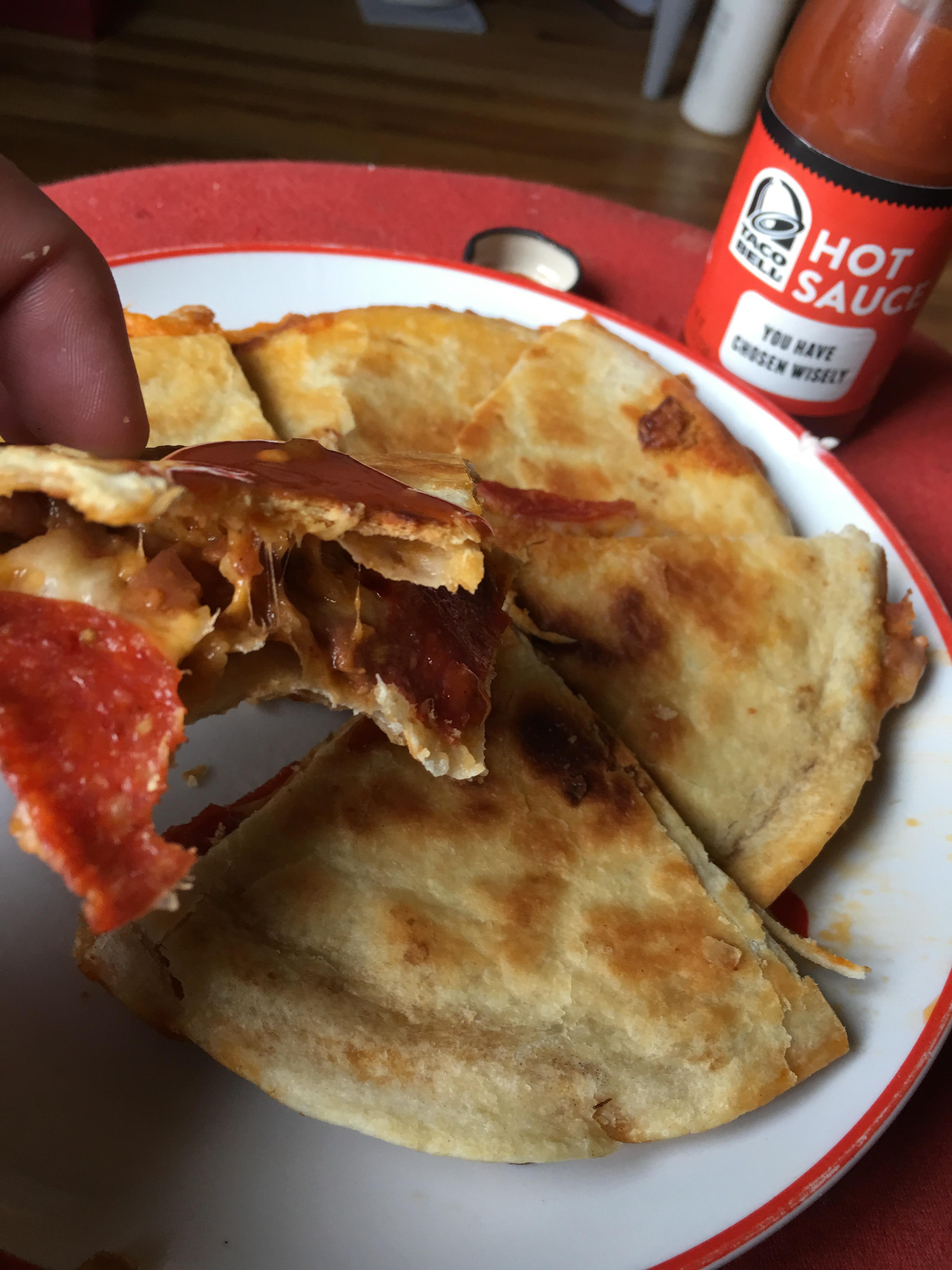 Cowboy Quesadilla ranch style beans, smoked cheddar and mozzarella