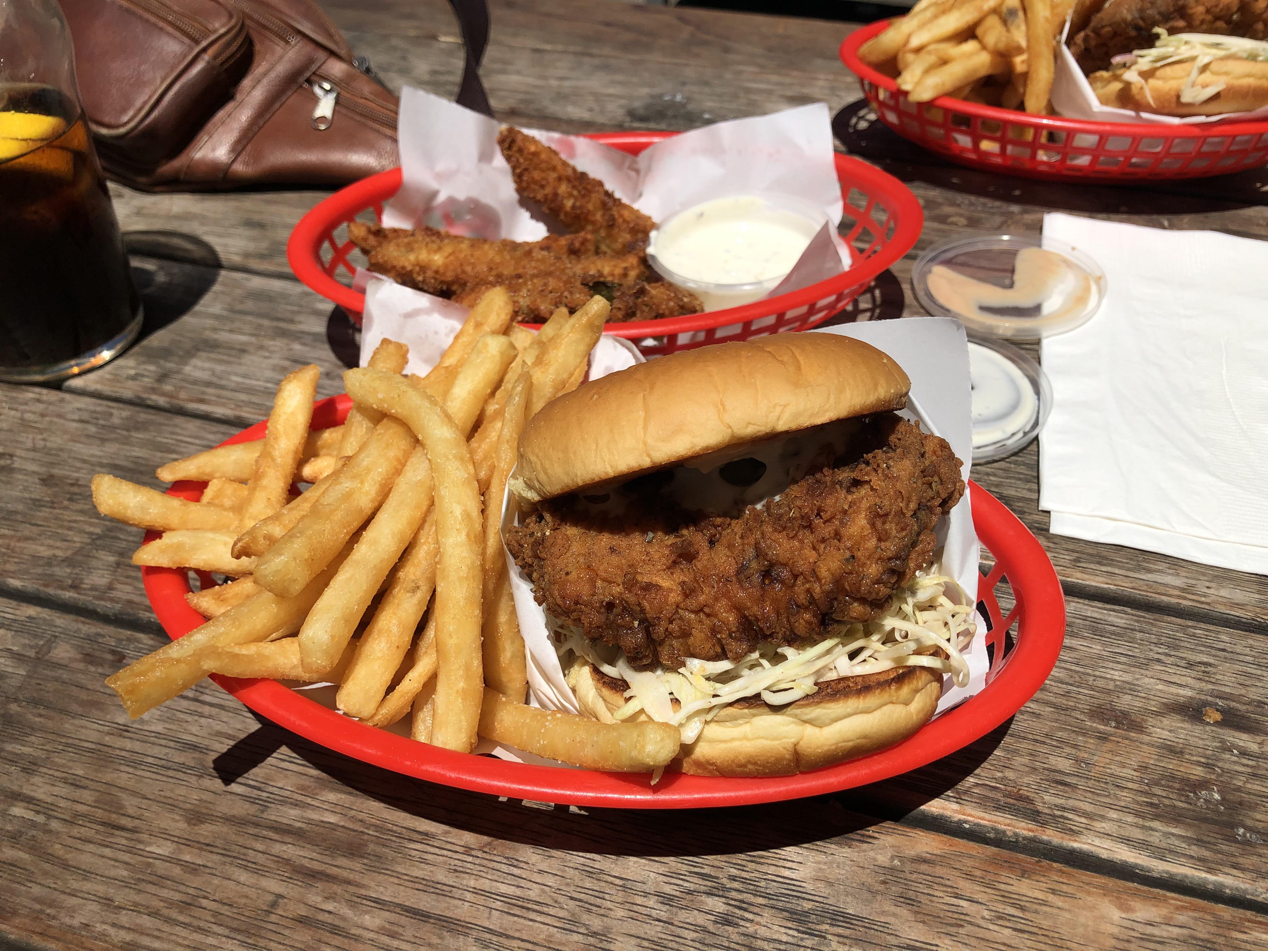 Fried Chicken Sandwich with slaw, triple cooked fries and deep fried