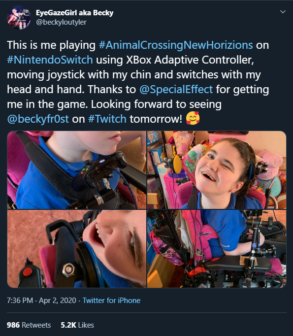 This is Becky using her setup from UK charity SpecialEffect to play