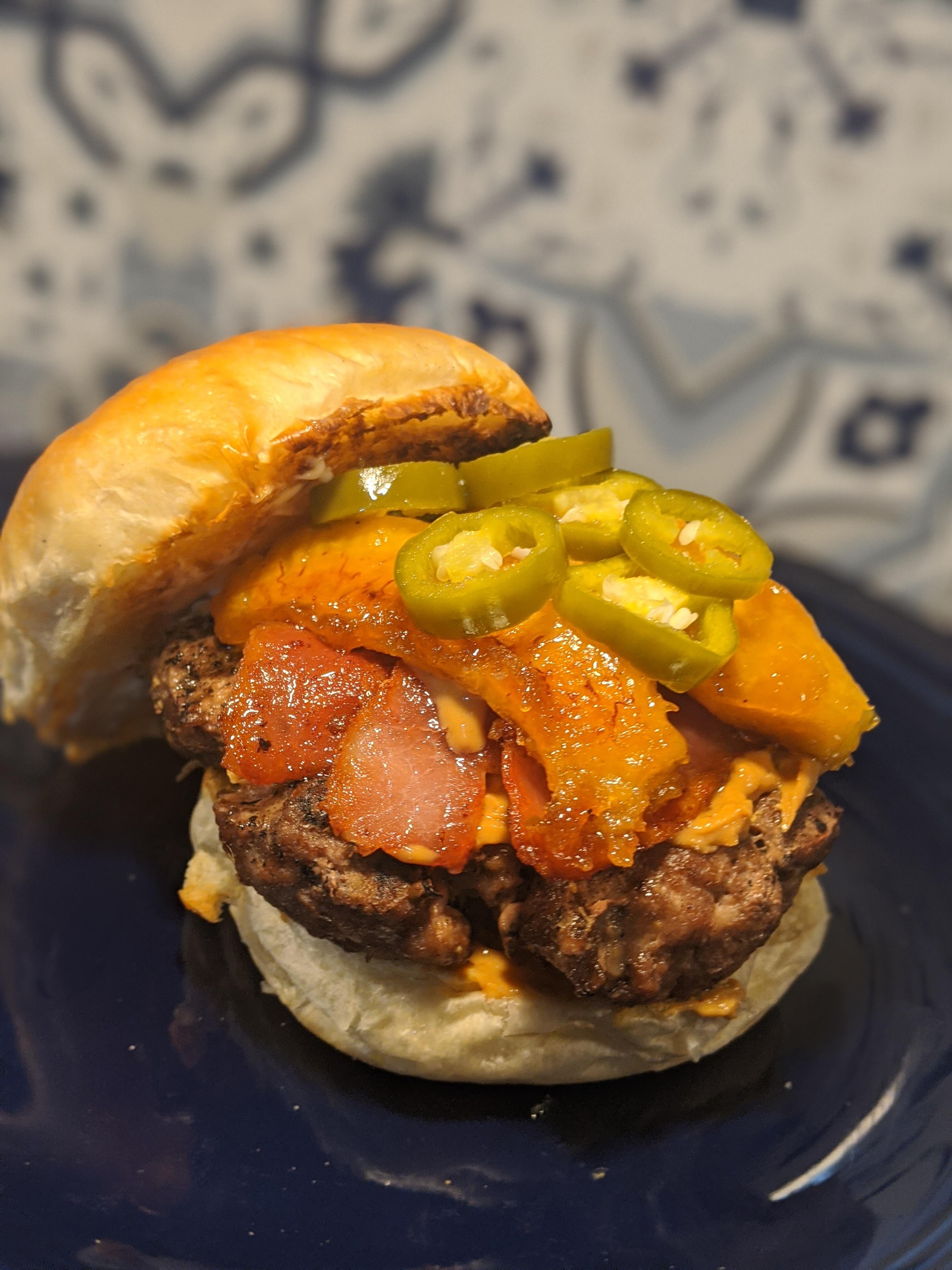 [homemade] fat Elvis burger peanut butter, carmelized plantains, bacon and pickled jalapenos