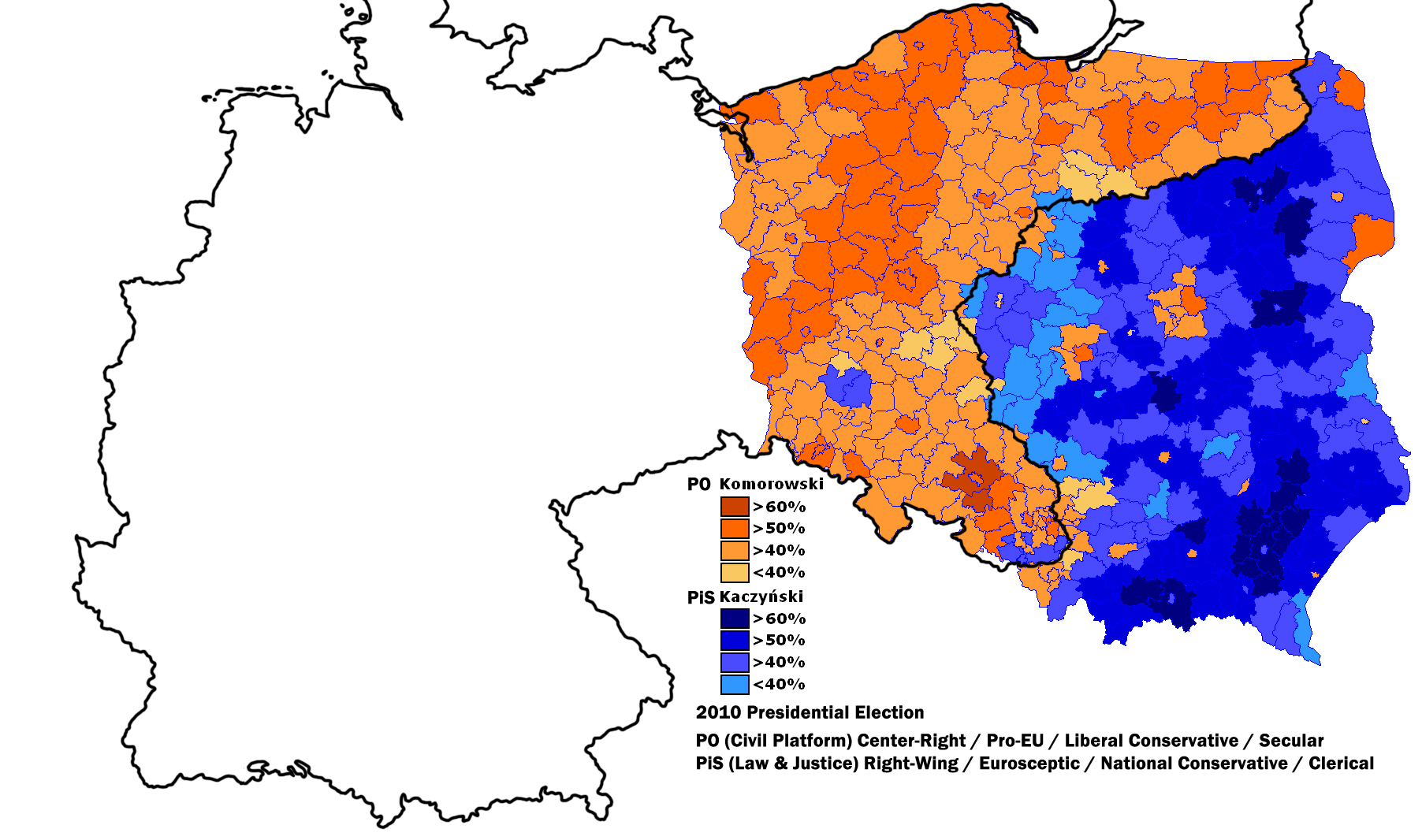 Polish election results overlaid on a map of the former German Empire