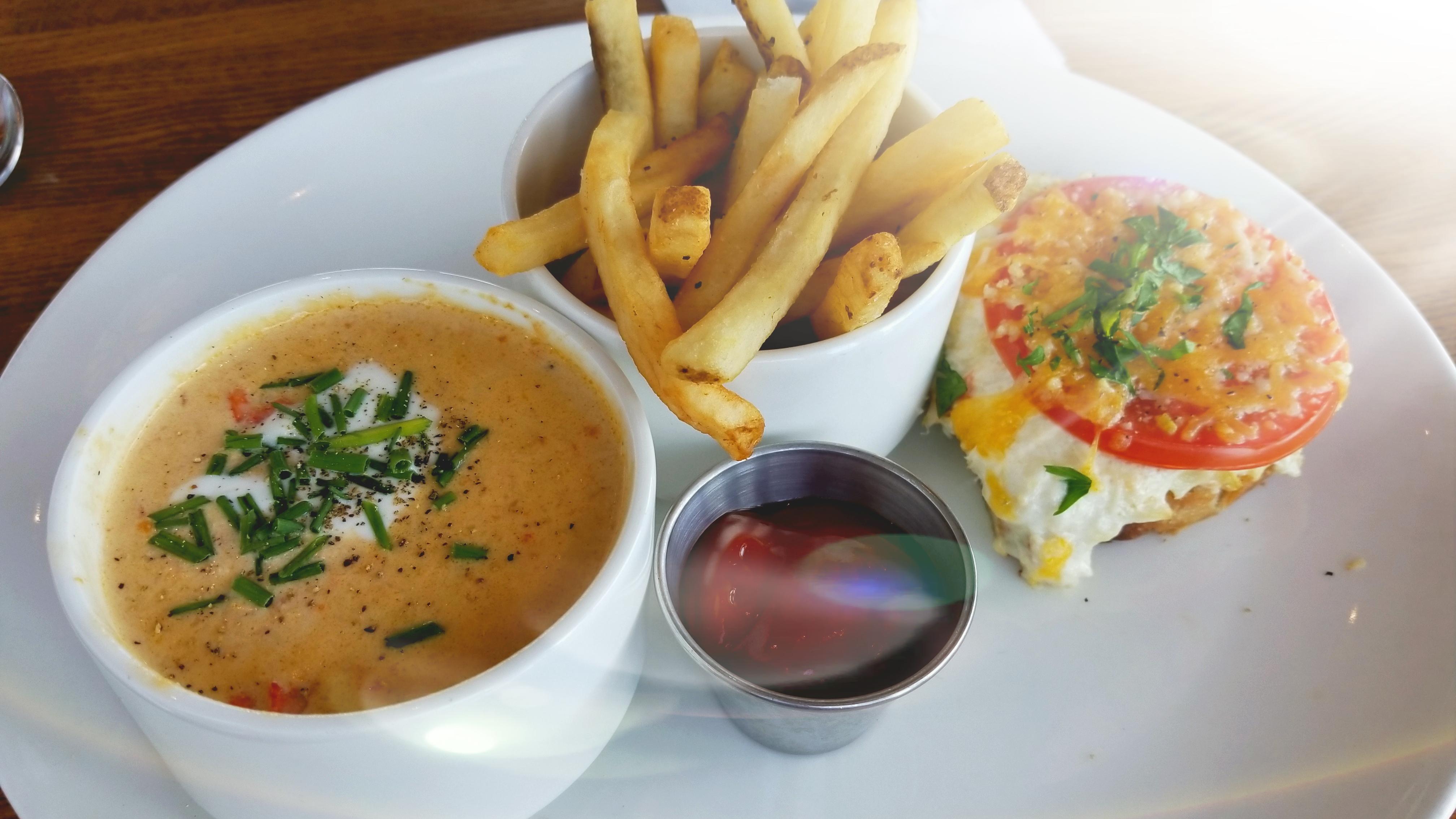 Lobster Bisque, Openfaced Crab Sandwhich & French Fries [OC