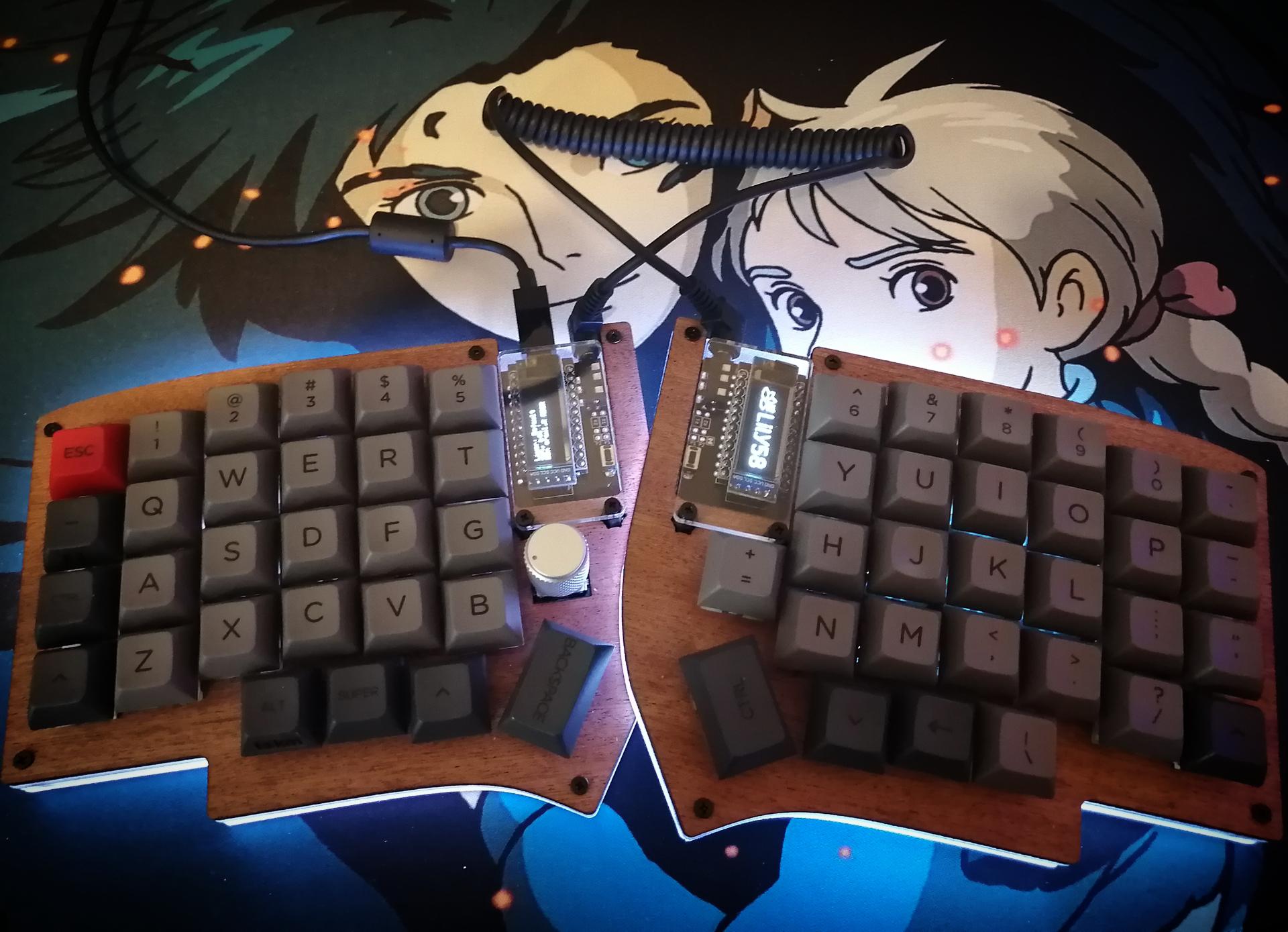 Lily58 with custom cut case (BoardSodie) Mahogany top, frosted