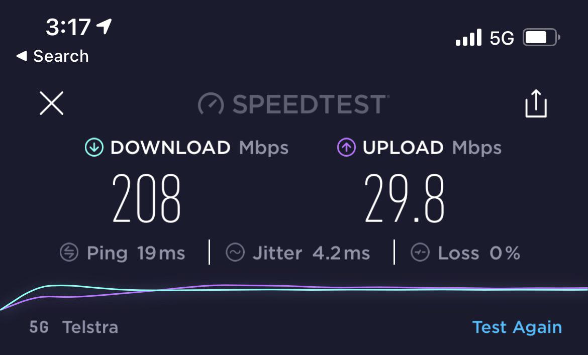 First 5G speed test with Telstra on the iPhone 12 a lot faster than