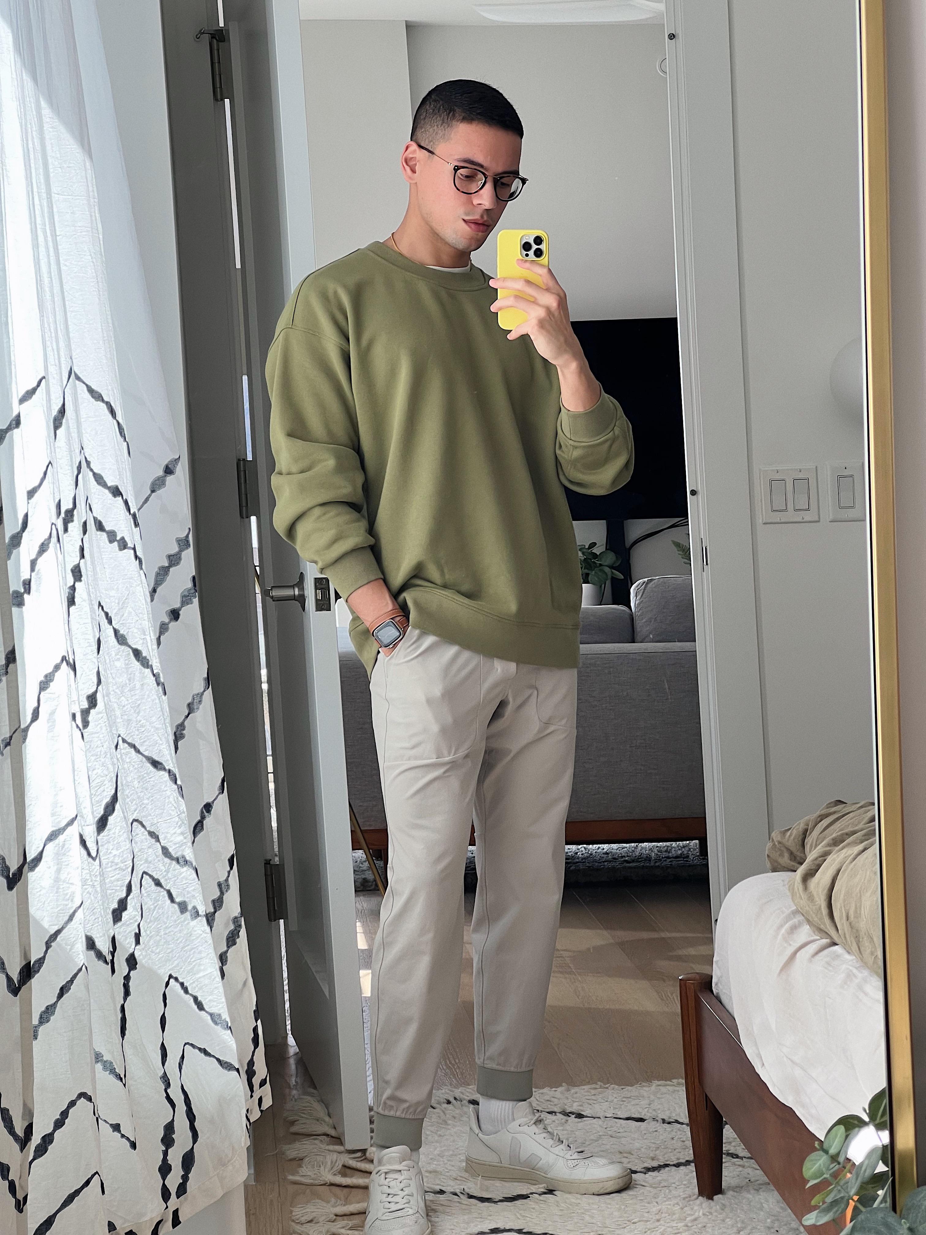 Outfit of the day. Bronze Green Perfectly Oversized Crew (8); Raw Linen