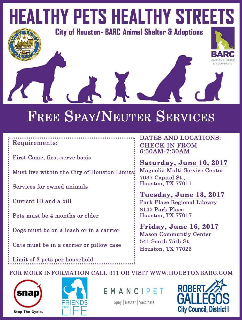 Free spay and neuter services from BARC month of June r/houston