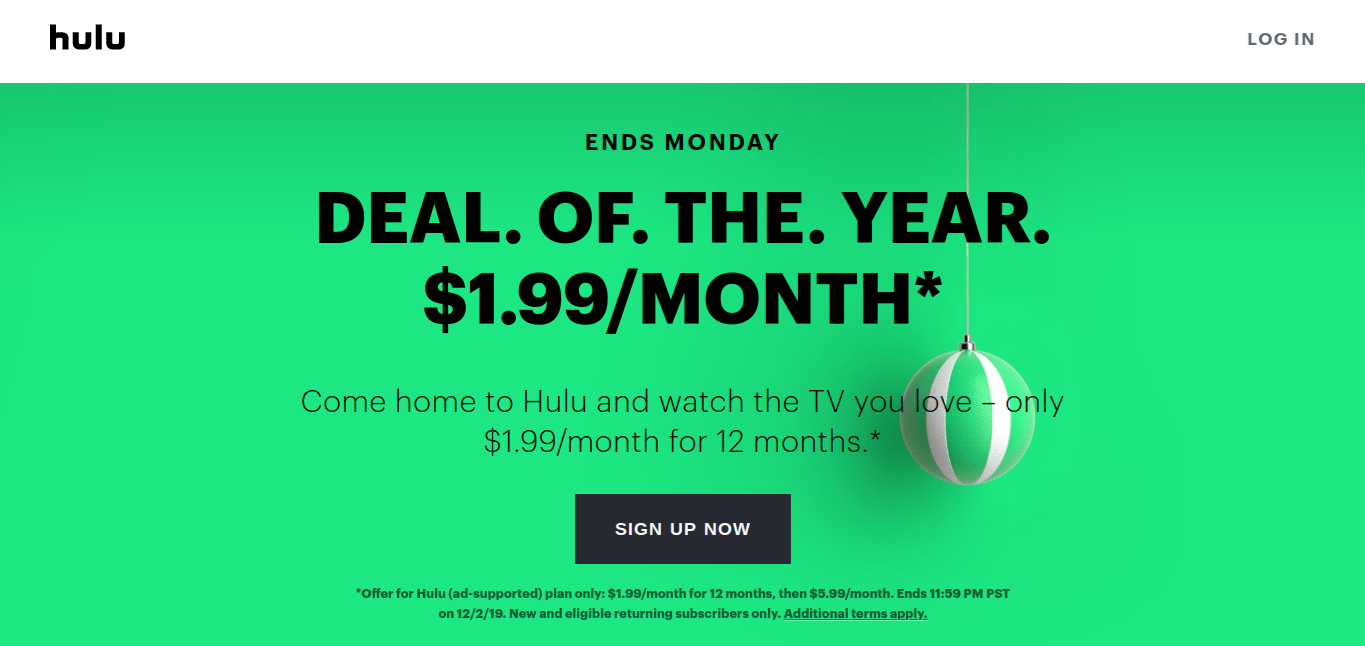 Hulu 12 Months Ad Supported Plan 1.99/month (Last year was 0.99