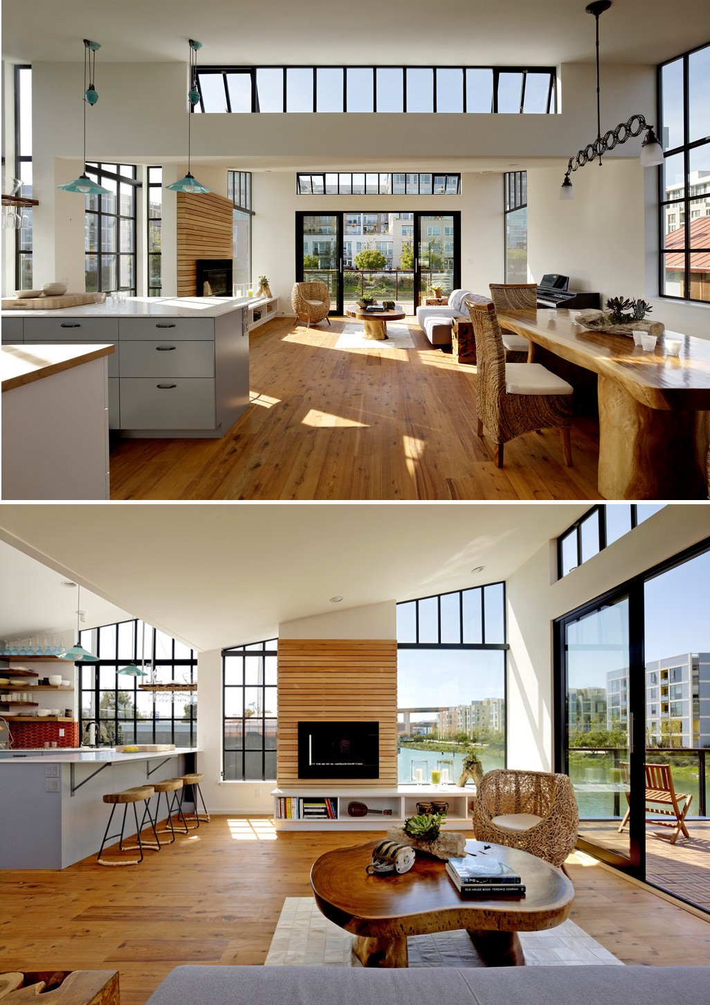 Living area with smallpaned warehousestyle windows in a floating