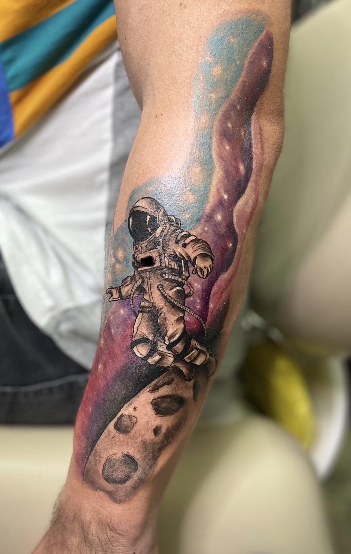 Astronaut front sleeve piece Mikel Vu Timeless Ink Houston, TX