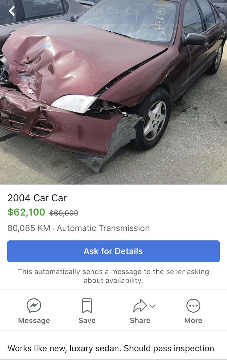 I just found this on Facebook Marketplace r/carmemes