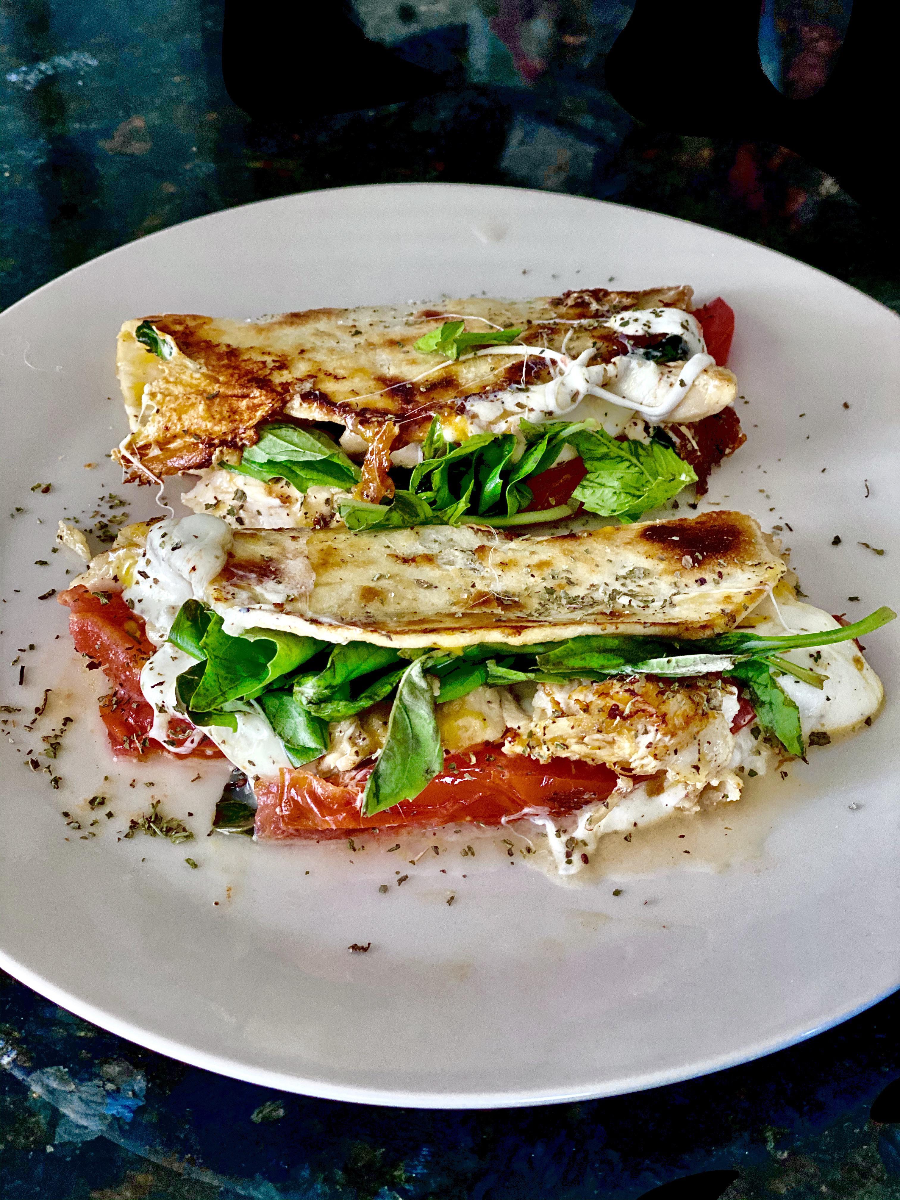 Homemade Grilled Chicken, Tomato, Basil, Mozzarella Quesadilla. r