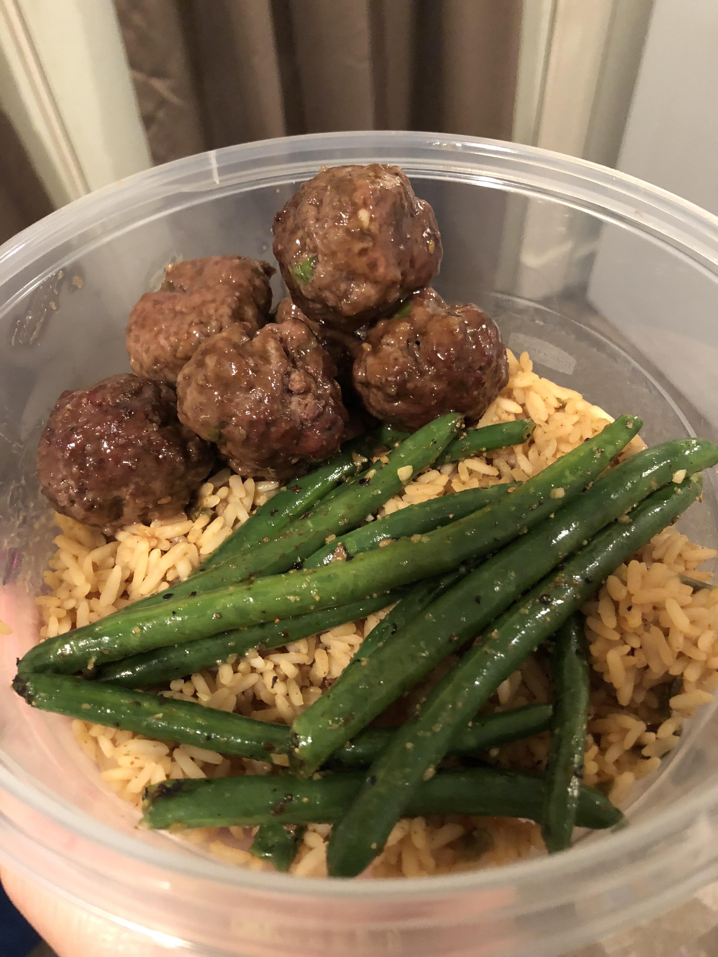Honey teriyaki lean ground beef meatballs, “dirty rice” and garlic pan