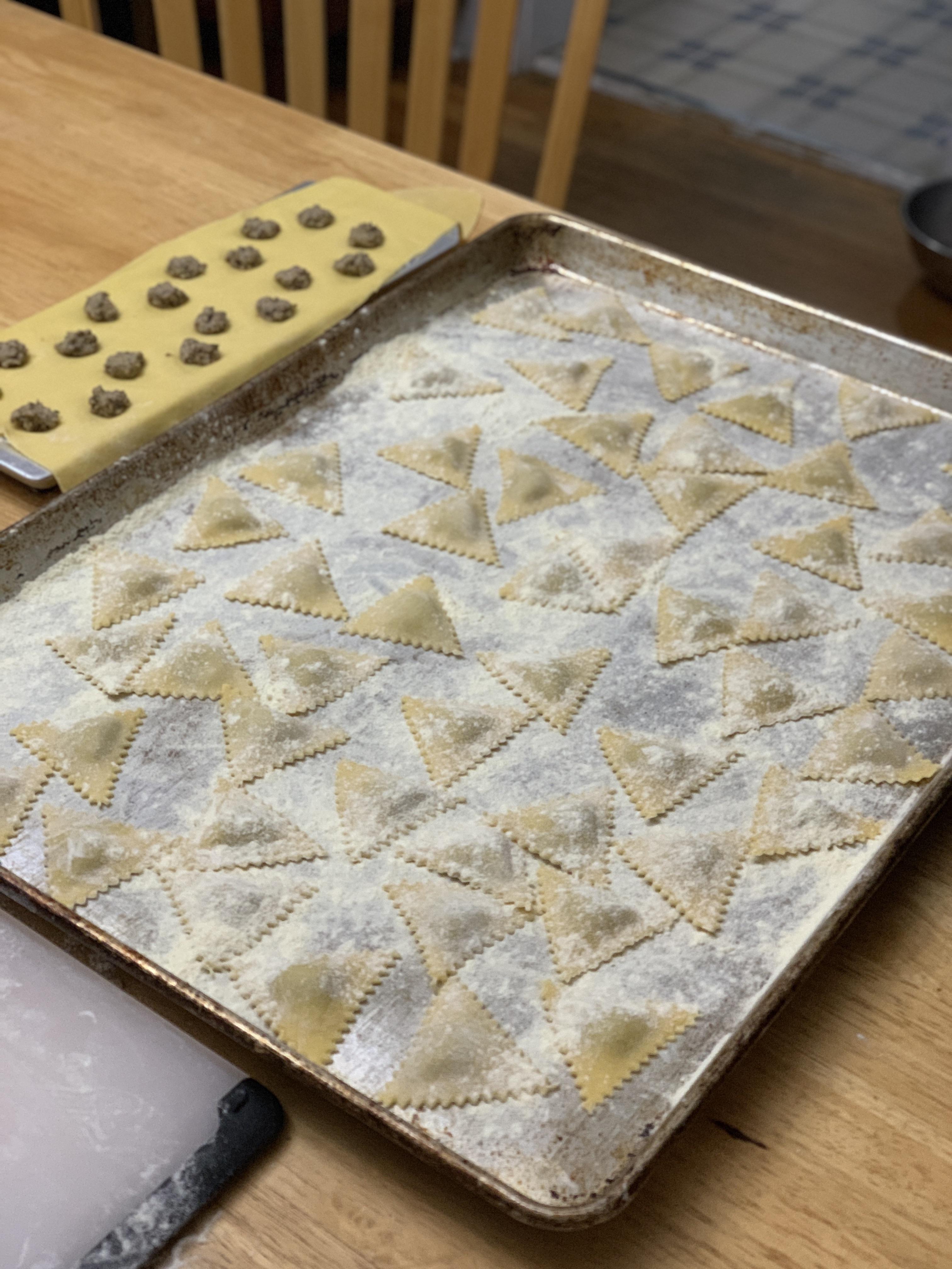 Duck eggs ravioli filled with porcini mushrooms and ricotta. [Homemade