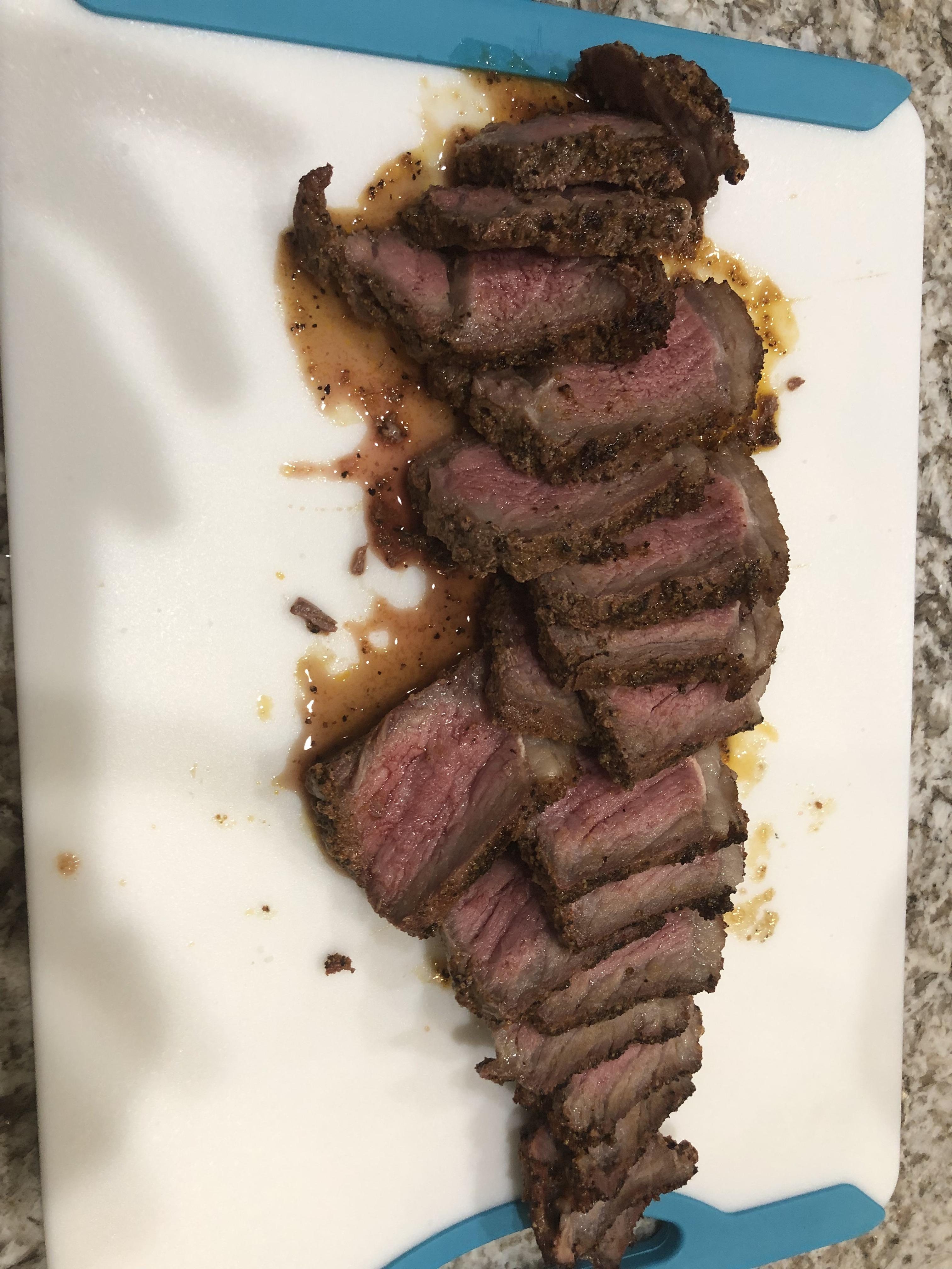 New York Strip. Meat Church Holy Cow. Traeger Smoke. Great Results. r