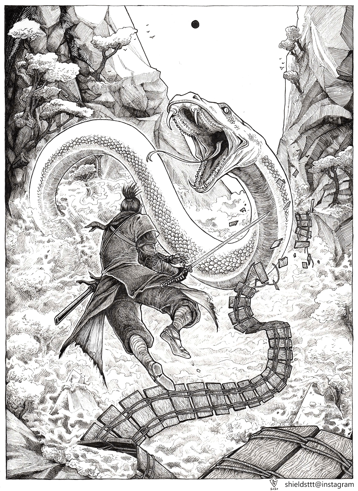 Been replaying Sekiro lately and I got inspired to do an ink drawing of that iconic snake moment