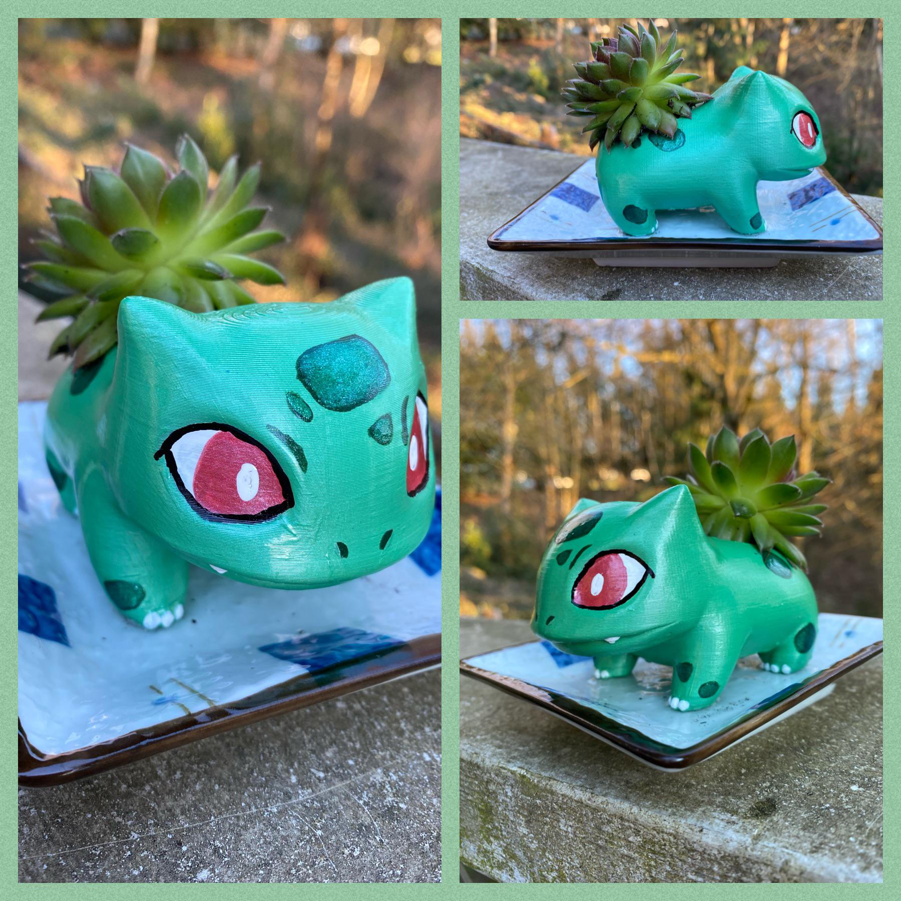 Painted a 3D printed Bulbasaur planter, potted his succulent today. r