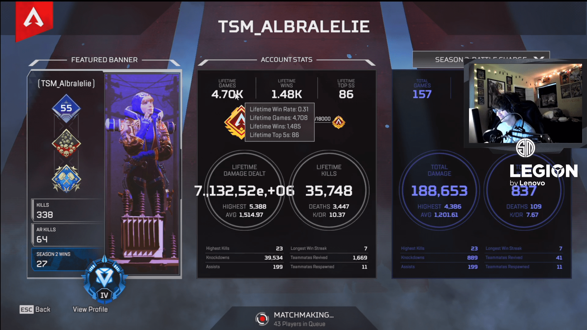 TSM Albralelie's lifestime stats 1500 ADR, 10 KDR apexlegends